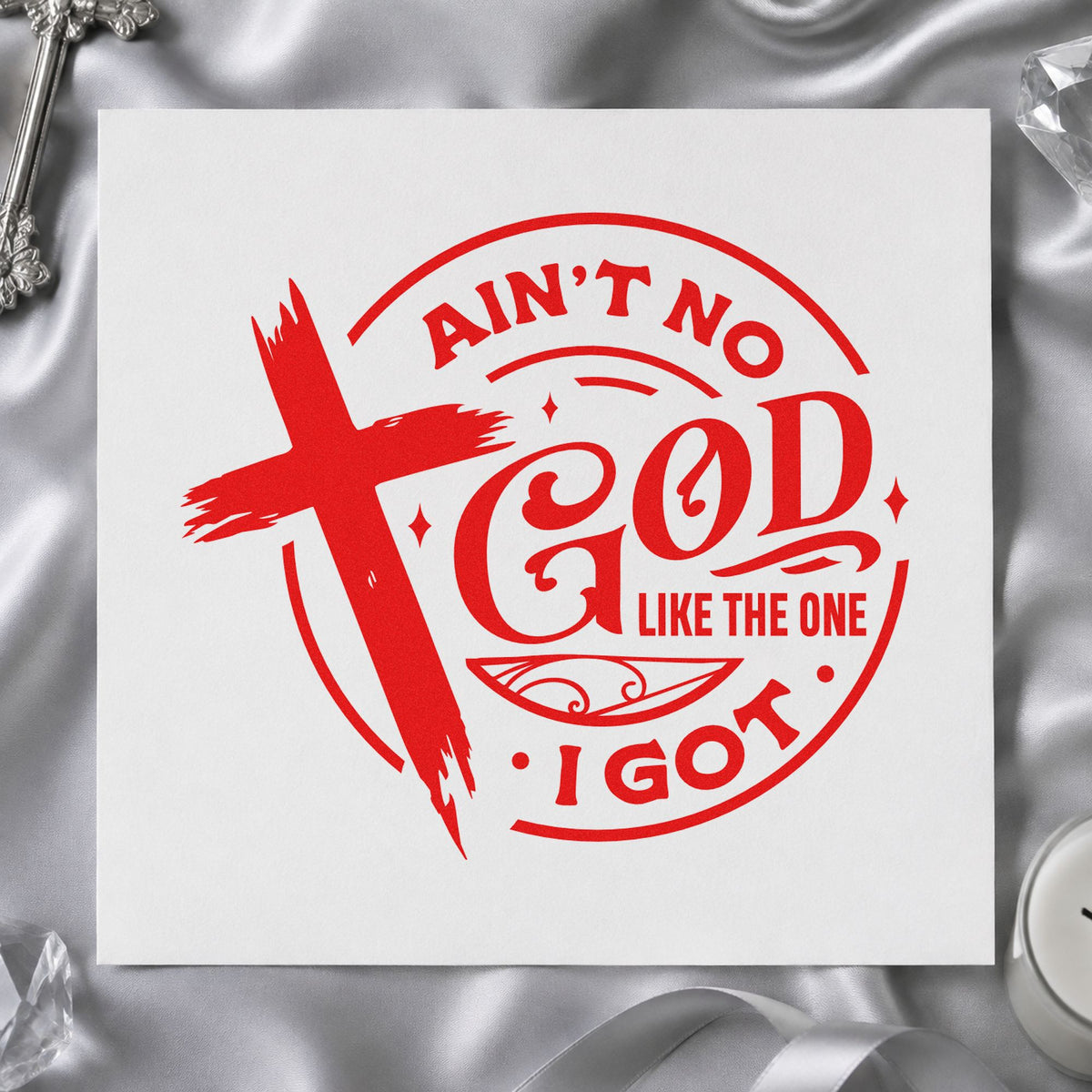 Ain't No God Like Mine Brushstroke Cross Hand Stamp – Duo in use 7