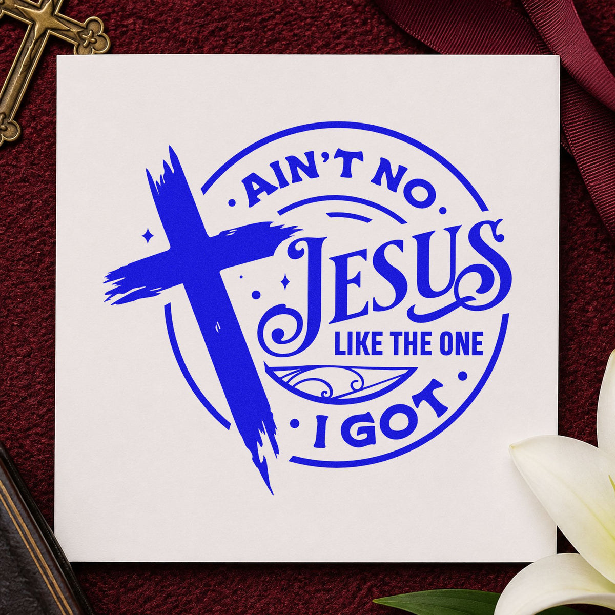 Ain't No Jesus Like Mine Rubber Stamp – Duo Hand in use 5