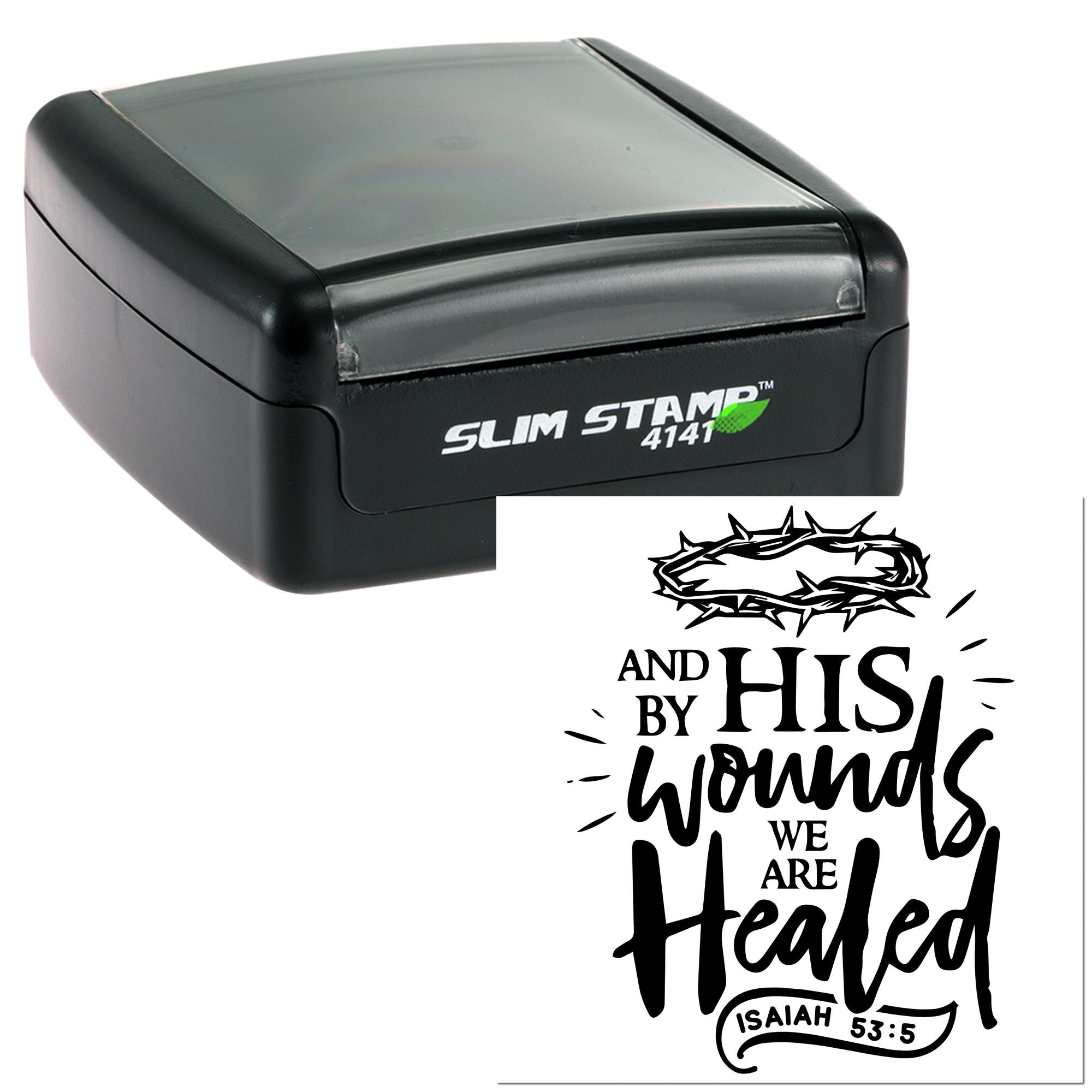 Slim Stamp 4141 self-inking rubber stamp with Isaiah 53:5 verse impression and crown of thorns design.