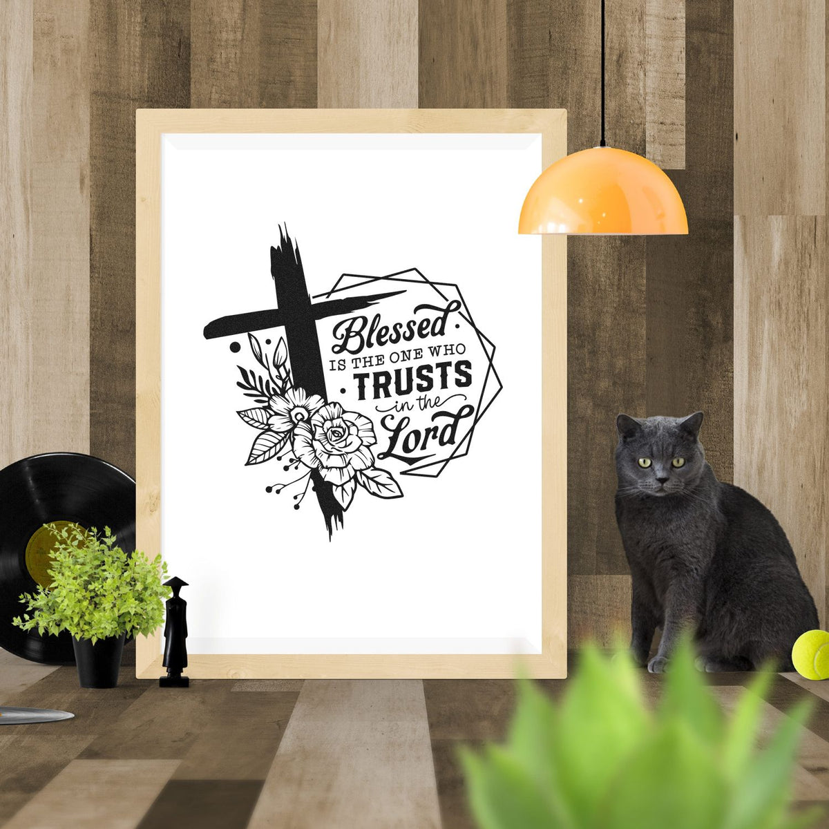 Christian rubber stamp design with cross and flowers, featuring Blessed is the one who trusts in the Lord scripture.