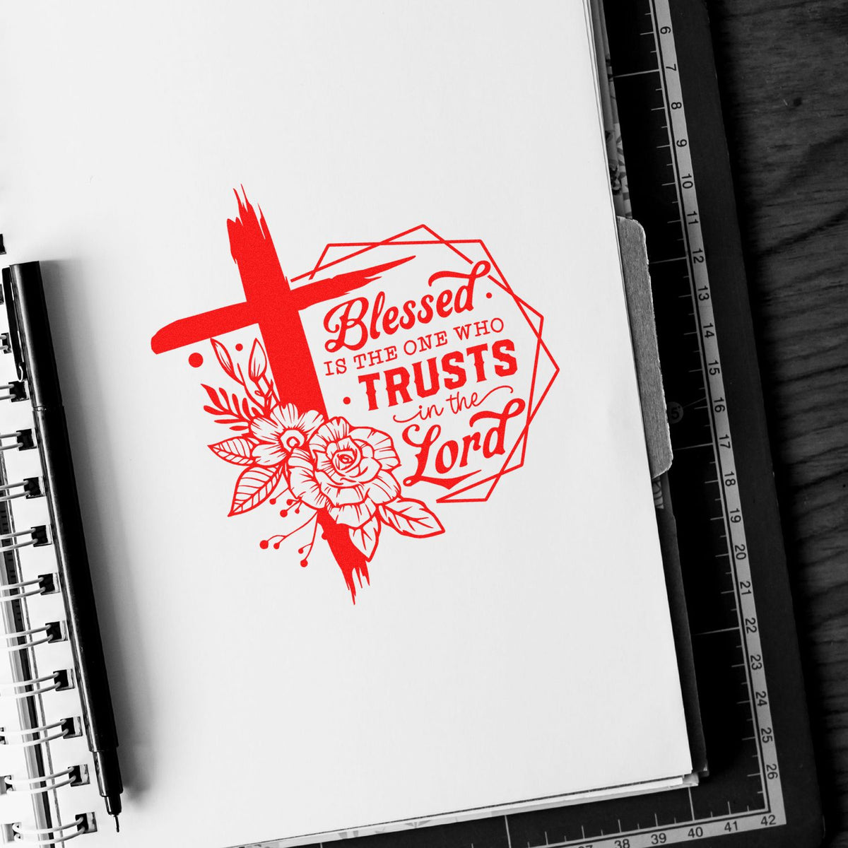 Christian Bible verse rubber stamp with cross and floral design for prayer journals: Blessed is the one who trusts in the Lord.