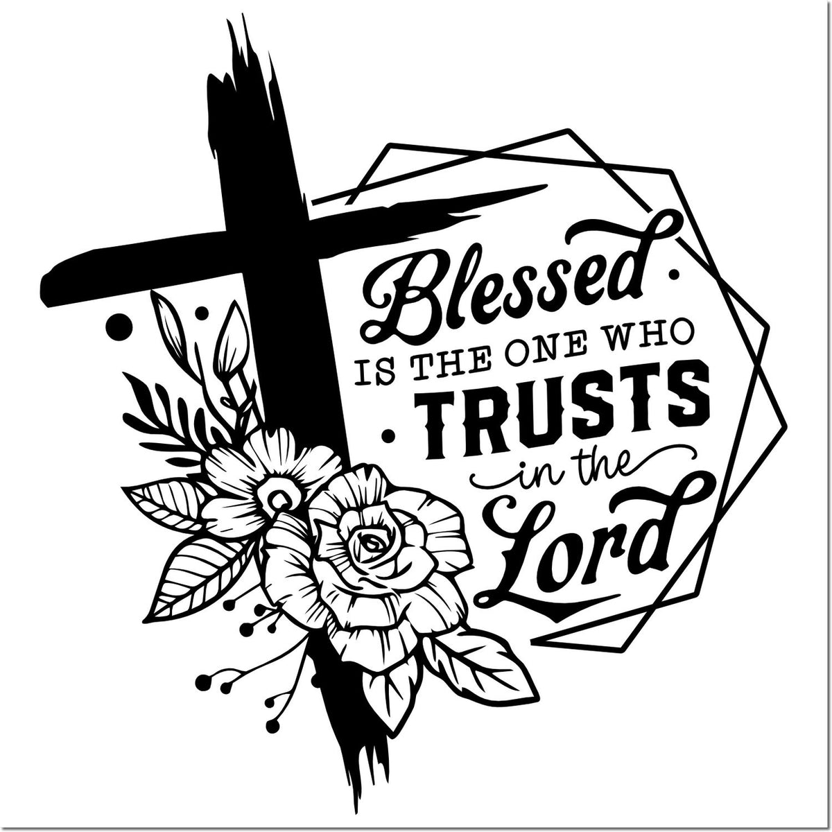 Christian Bible verse rubber stamp design with cross and floral accents: Blessed is the one who trusts in the Lord.