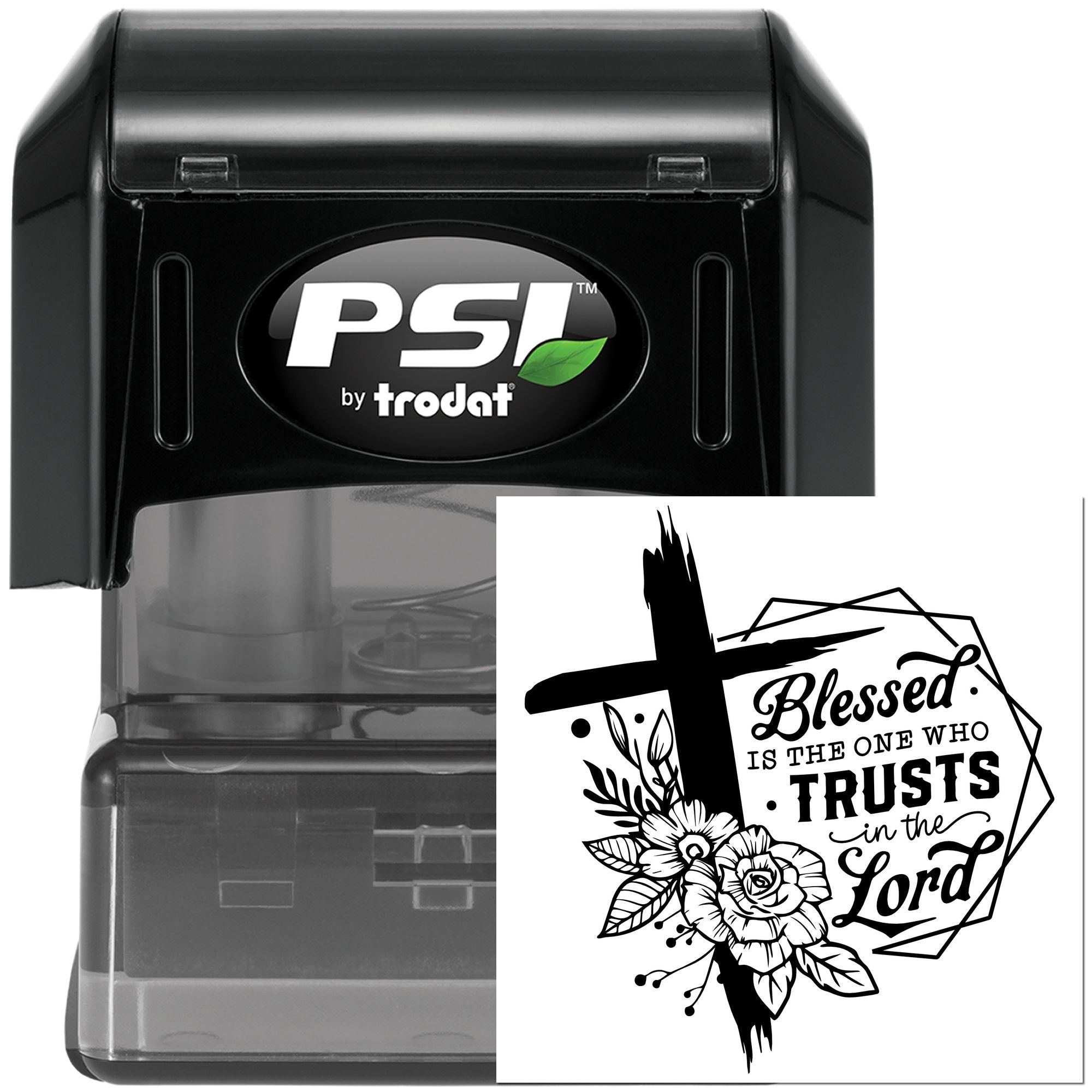 PSI by Trodat self-inking rubber stamp with Christian quote design, Blessed is the one who trusts in the Lord.