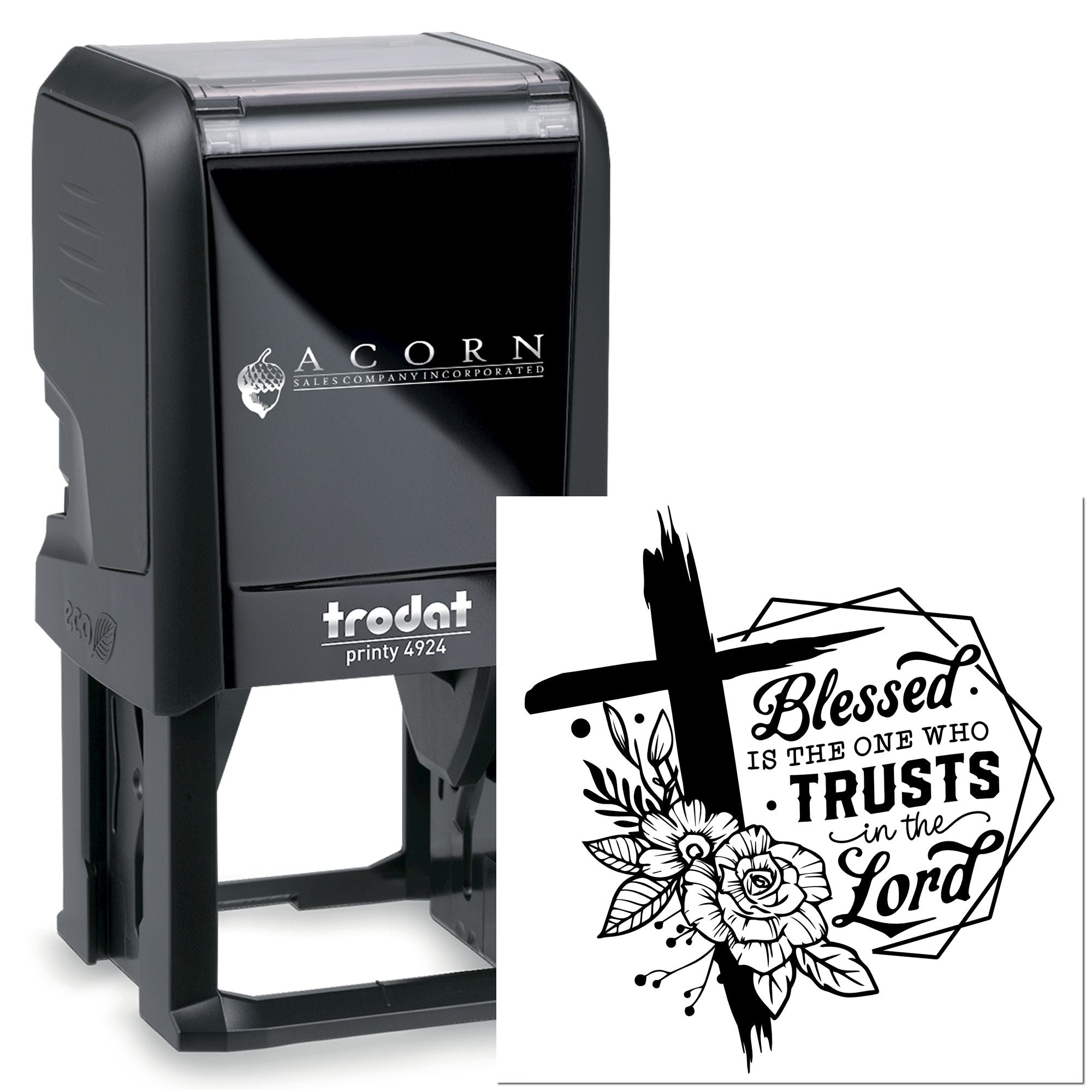 Trodat Printy 4924 self-inking rubber stamp with floral cross and Bible verse: Blessed is the one who trusts in the Lord.