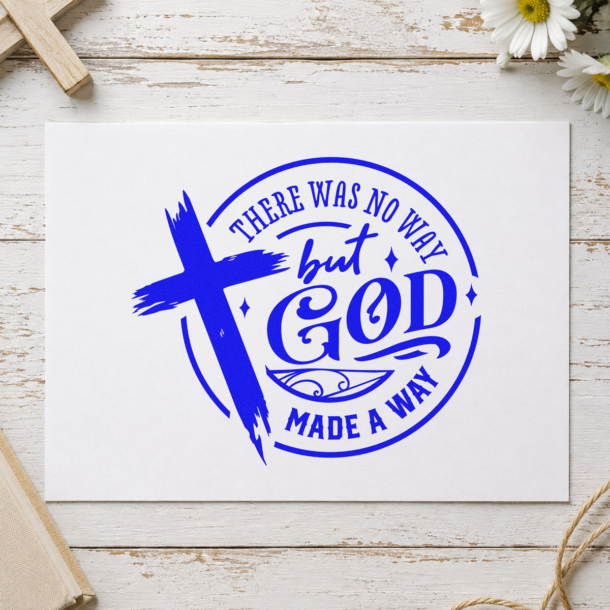 God Made a Way Cross craft stamp in blue ink on cardstock, an easy option for canvas totes.