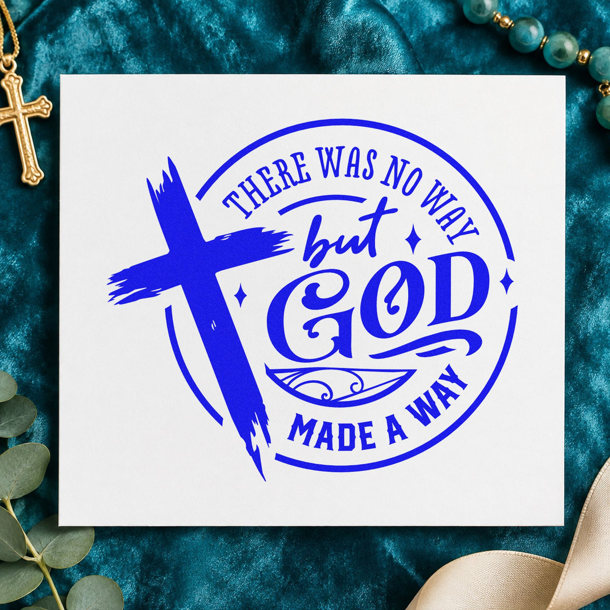 God Made a Way Cross craft stamp imprinted in blue ink on paper, a design suited to recovery care packages.