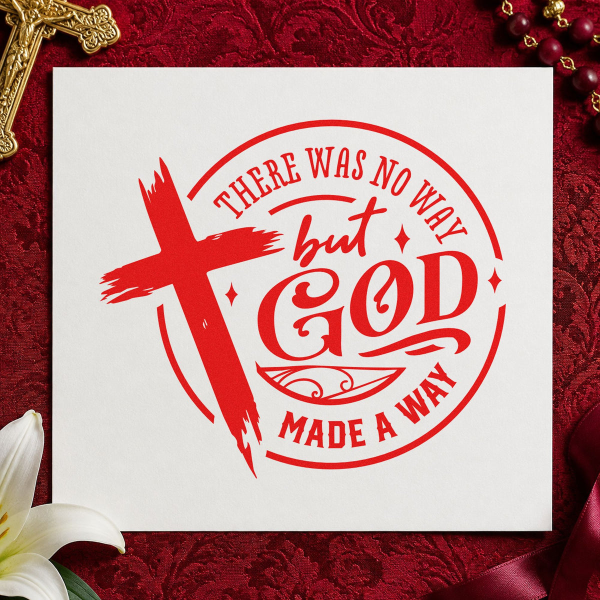 God Made a Way Cross rubber stamp shown in red ink, stamped for projects such as bible study handouts.