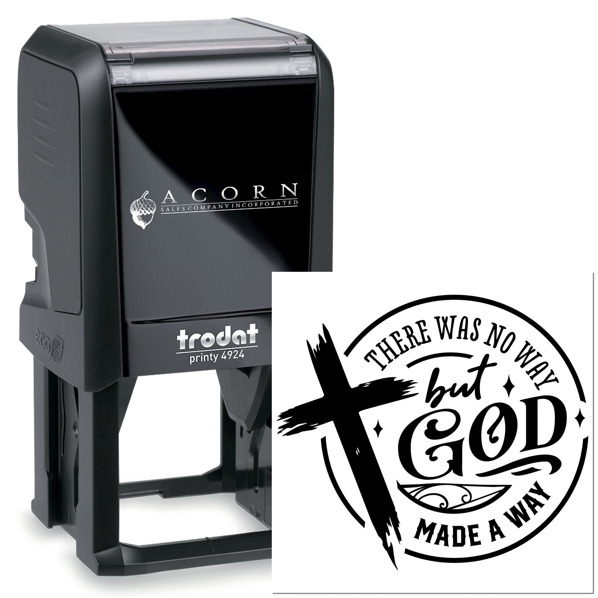 Custom self-inking rubber stamp with Christian There Was No Way But God Made a Way design and cross.