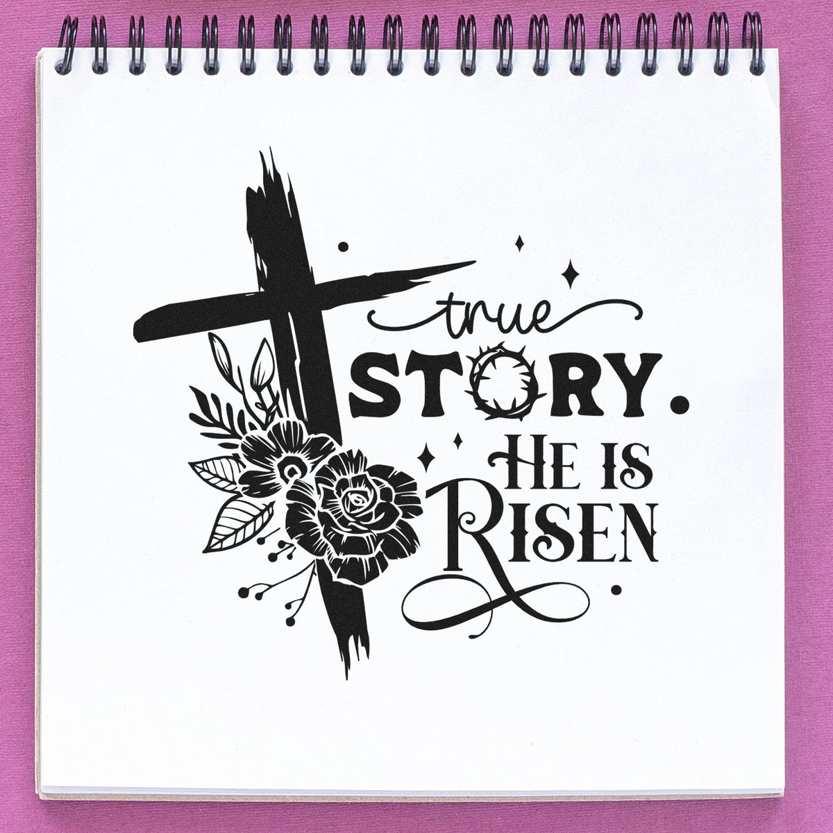 He Is Risen Christian rubber stamp with floral cross and true story sentiment for Easter Bible journaling.