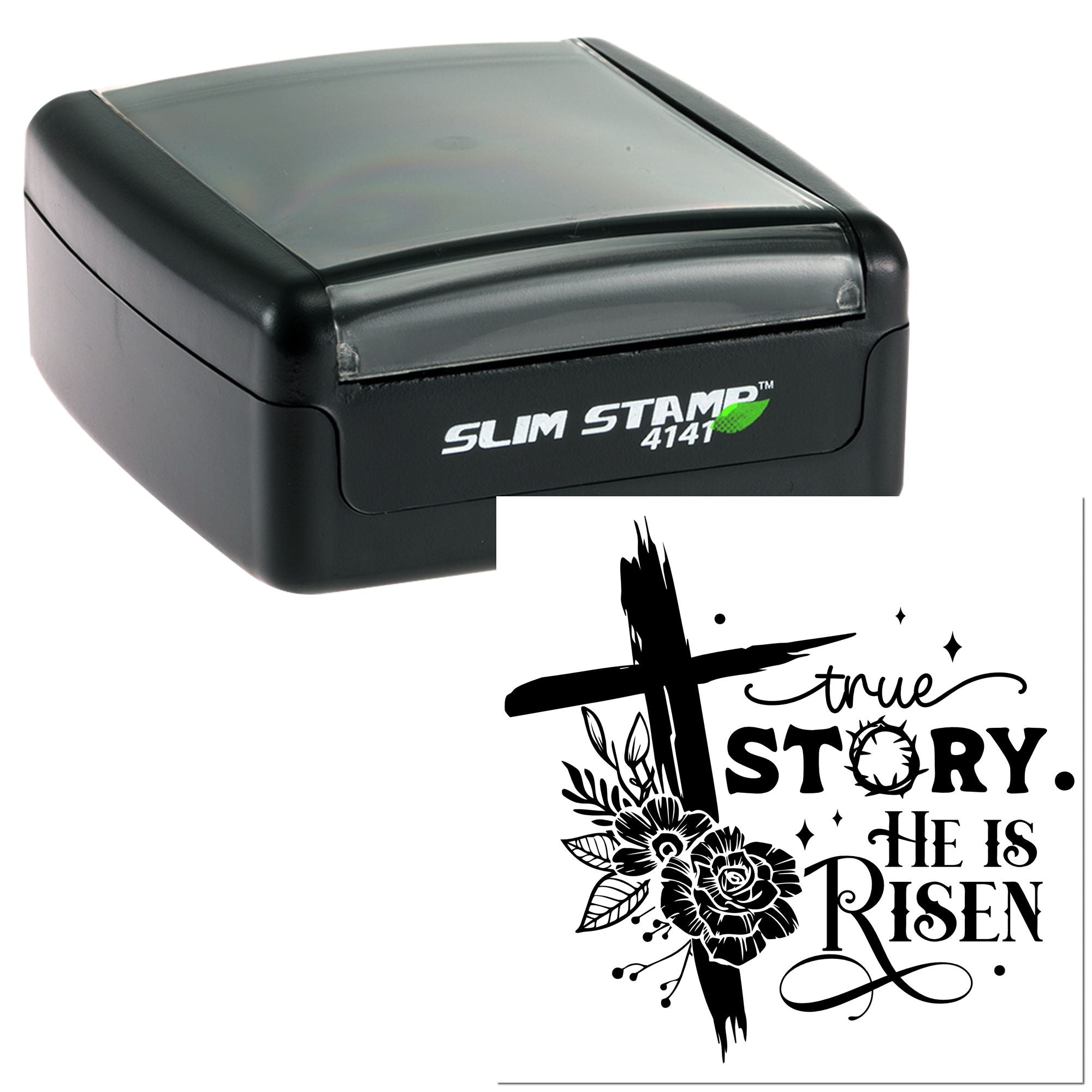 Self-inking rubber stamp with He Is Risen floral cross design for Christian cards, crafts, and faith-based projects.