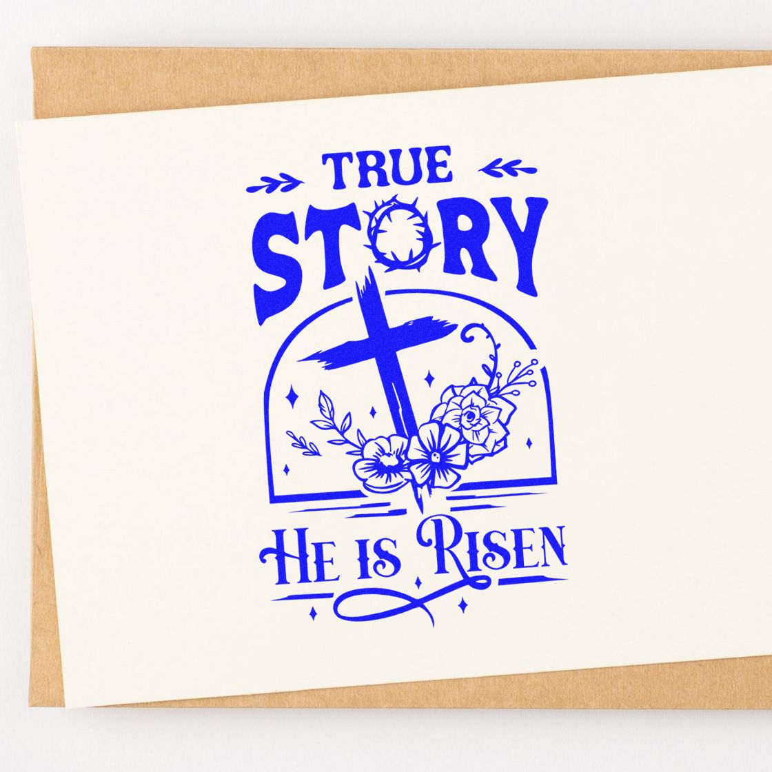 Christian Easter rubber stamp design reading True Story He Is Risen with cross and flowers for faith-based crafts.