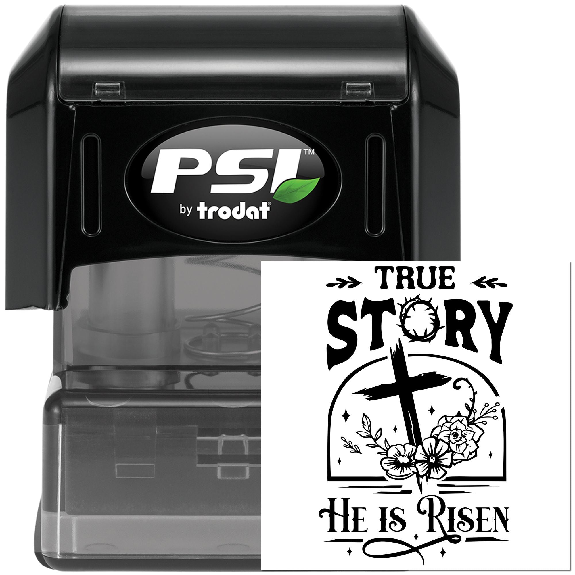 PSI by Trodat self-inking rubber stamp with True Story, He Is Risen Christian cross design for Easter and faith-based stamping