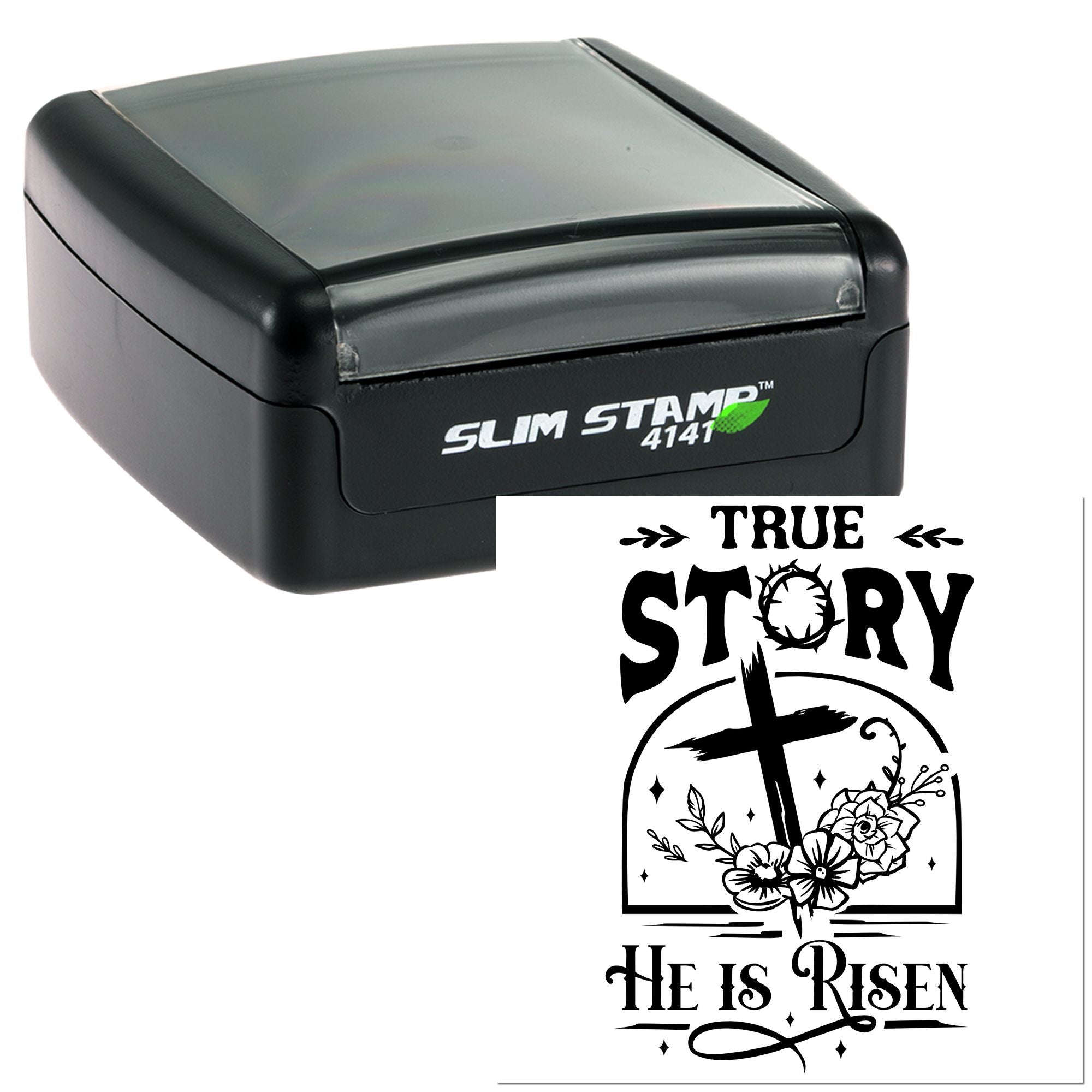 Slim self-inking rubber stamp with He Is Risen Christian cross design for Easter faith crafts and custom stamping.