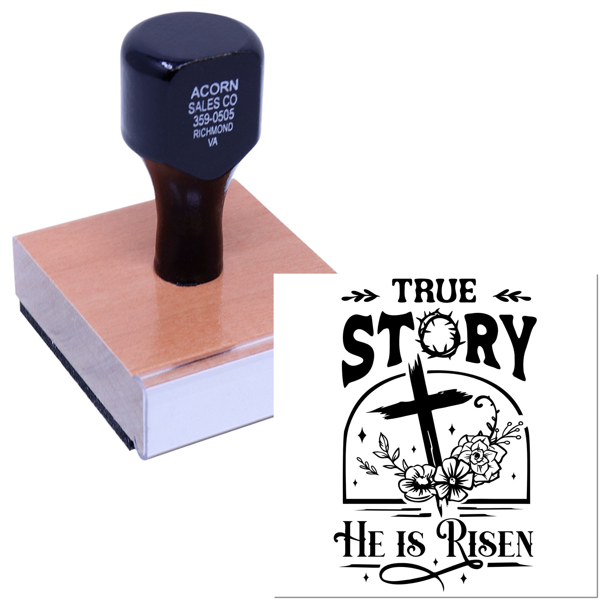 Custom rubber stamp with True Story He Is Risen Christian Easter design for faith-based crafts, church use, and packaging.