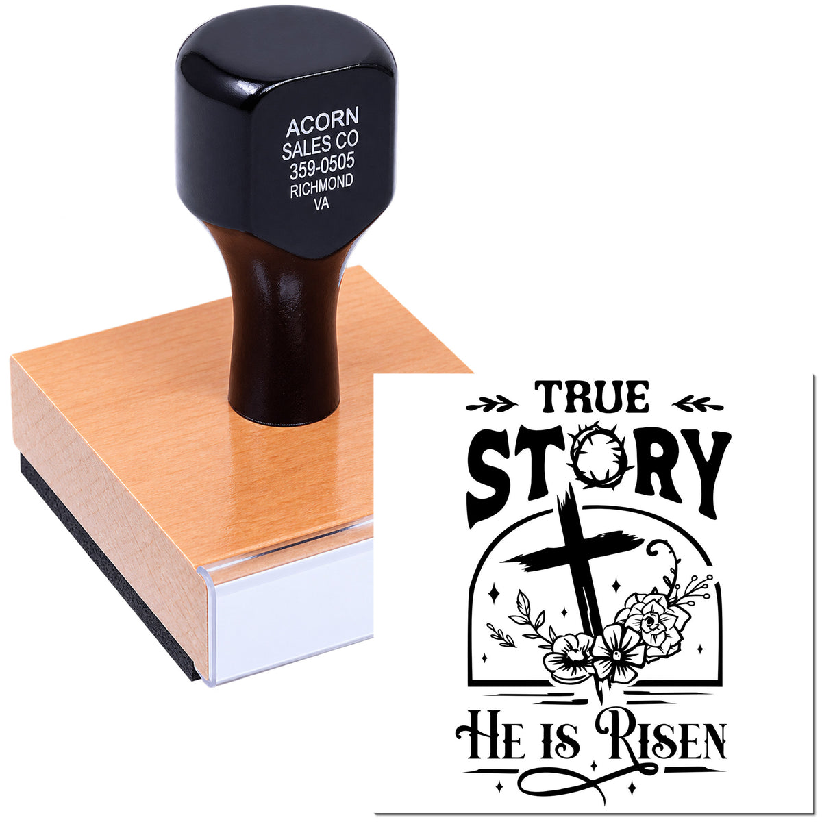 Custom rubber stamp with True Story He Is Risen Christian Easter design for faith-based crafts, church use, and packaging.