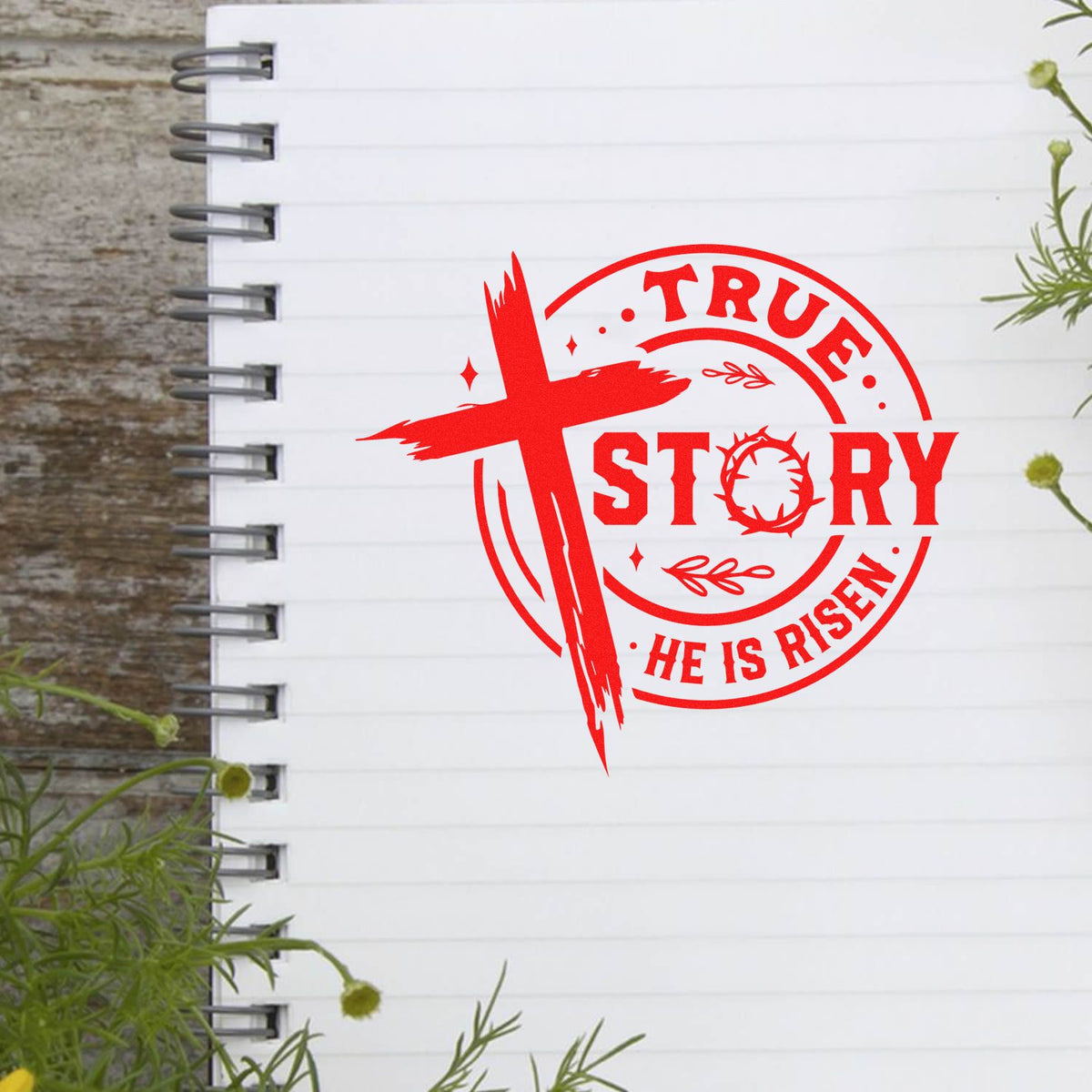 Christian Easter rubber stamp design with red True Story He Is Risen cross, ideal for faith-based crafts and journaling.