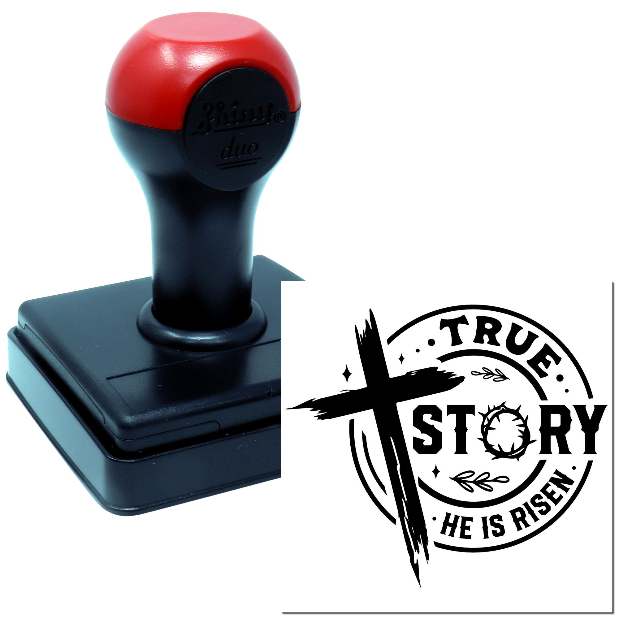Self-inking rubber stamp with Christian Easter design: True Story, He Is Risen message.