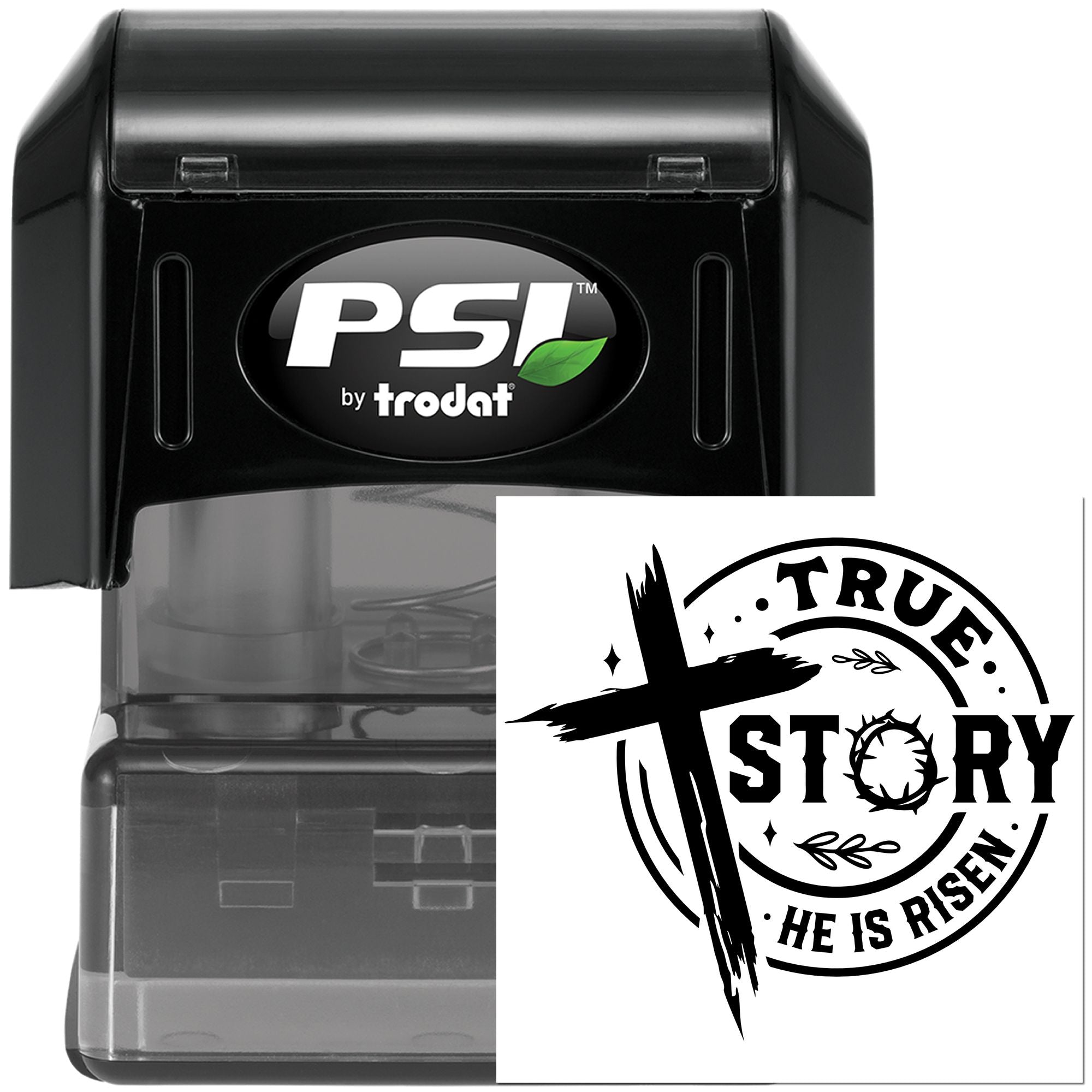Self-inking PSI by Trodat custom rubber stamp with Christian He Is Risen design for church and Easter messages.
