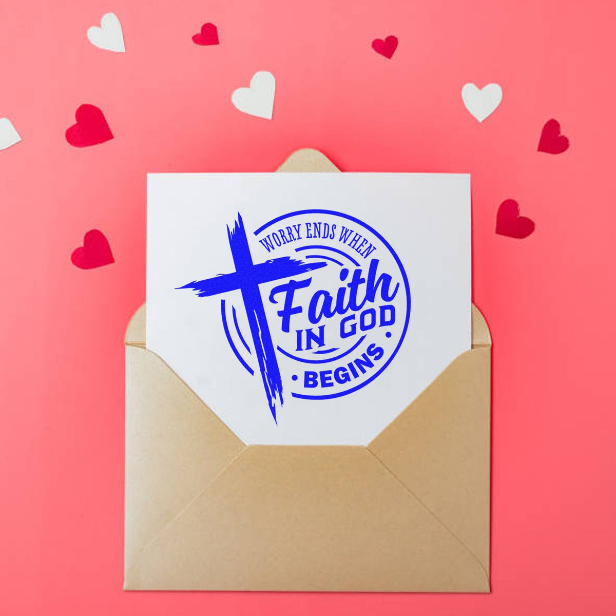 Christian rubber stamp on envelope with cross design and Worry ends when faith in God begins faith message, heart accents.