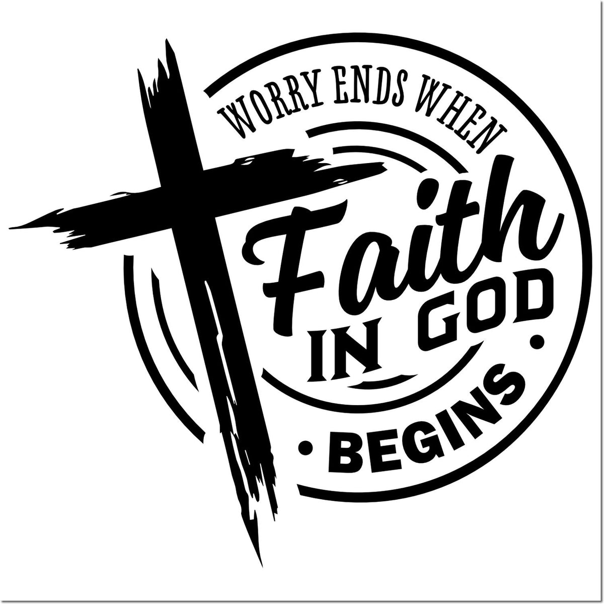 Inspirational Christian rubber stamp design with cross and Bible verse, Worry ends when faith in God begins.
