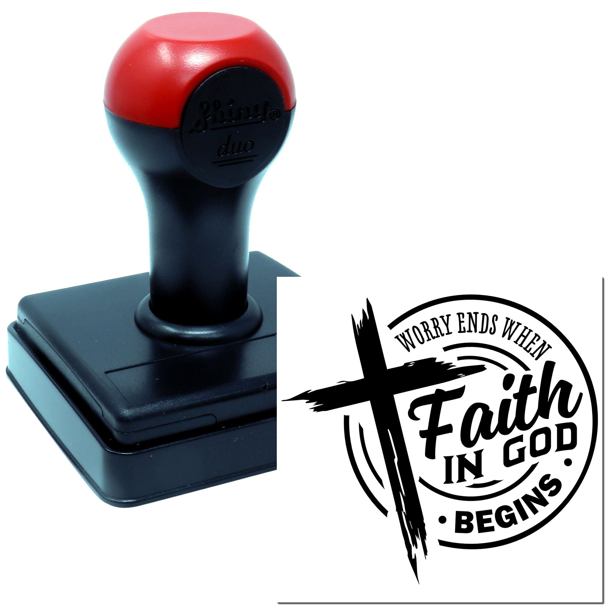 Custom self-inking rubber stamp with Christian quote, Worry ends when faith in God begins, for faith-based messages.