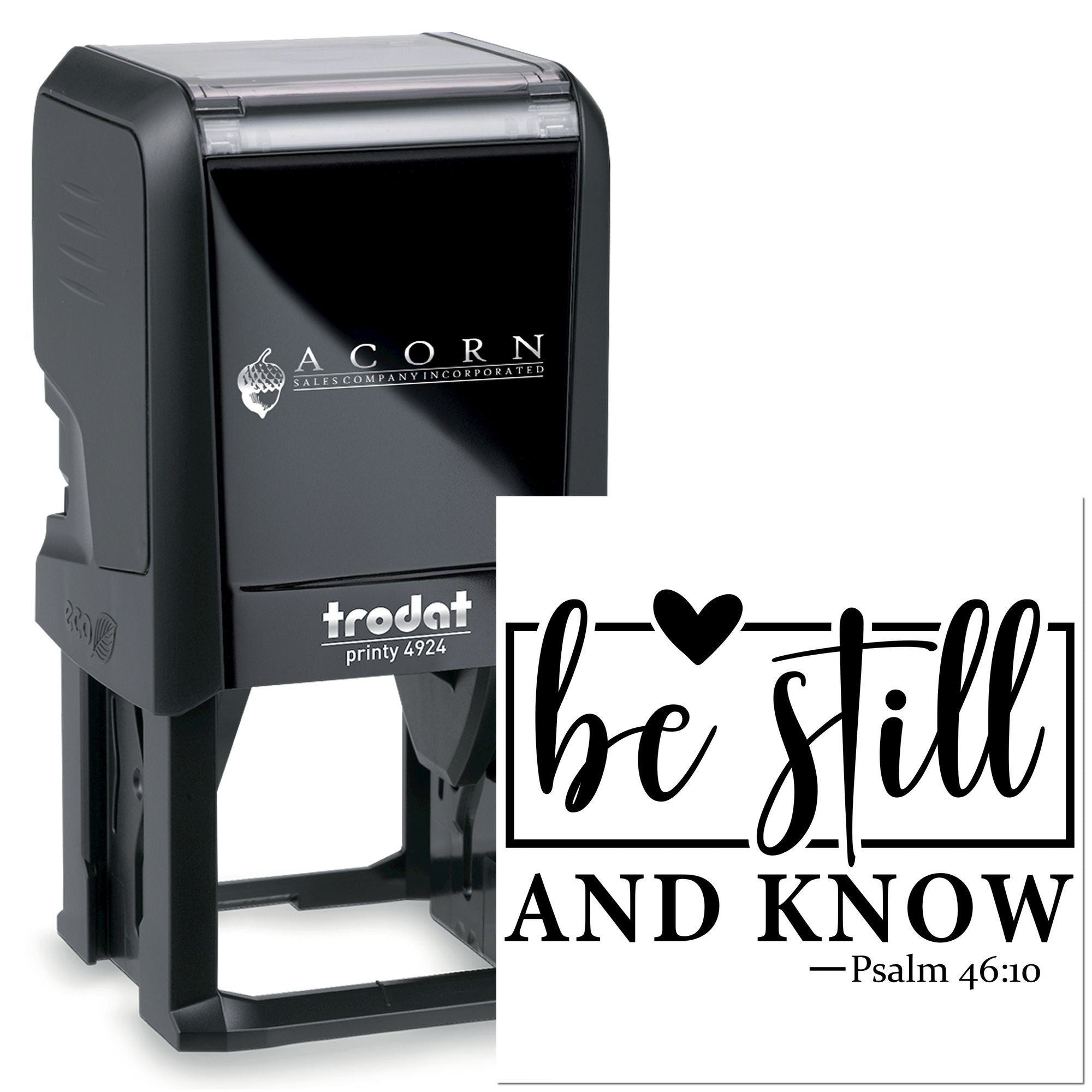 Custom self-inking rubber stamp with Be Still and Know Psalm 46:10 scripture design for church crafts and faith gifts.