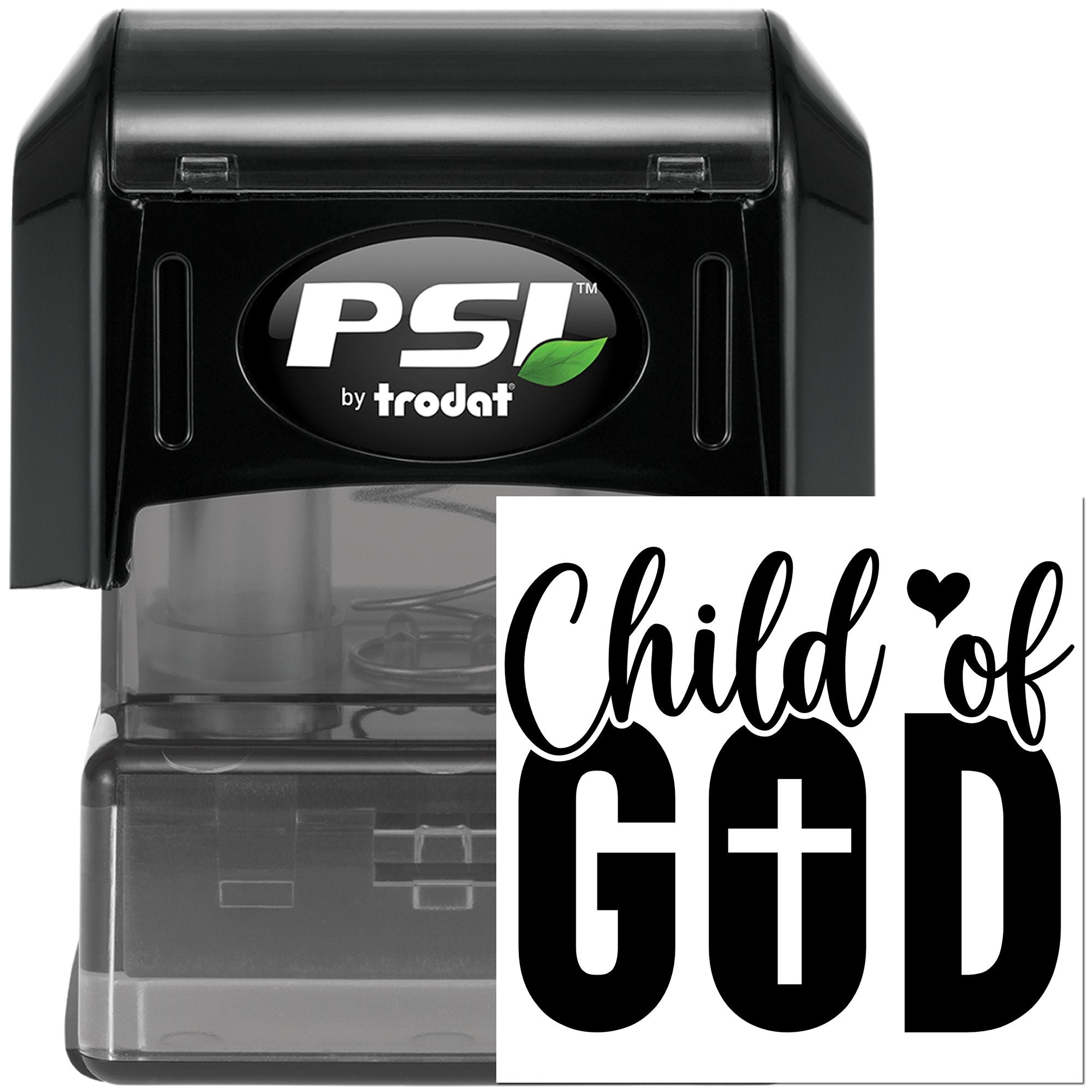 Self-inking custom rubber stamp featuring a Child of God design, PSI by Trodat, for faith-based crafts and stationery.