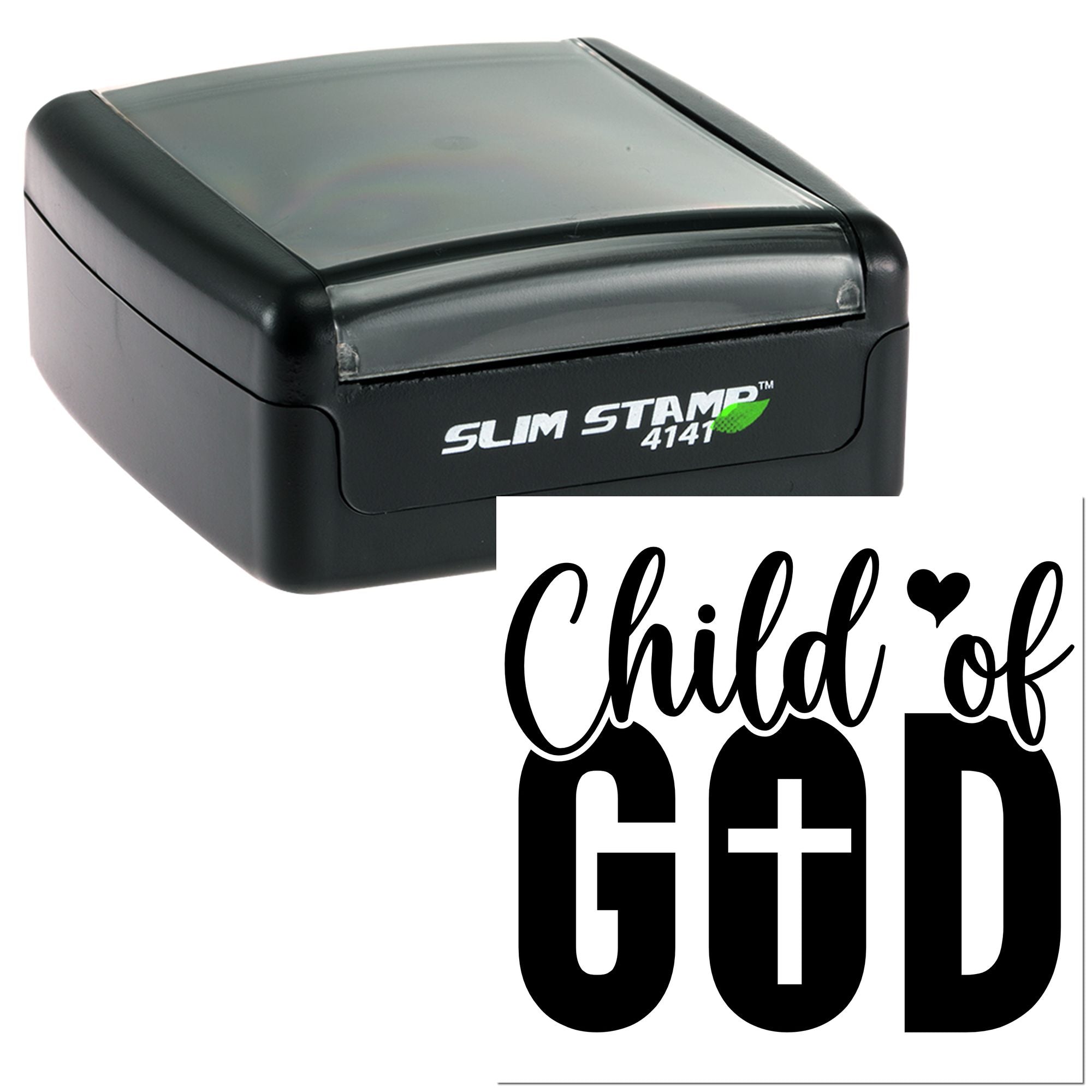 Custom self-inking rubber stamp with Child of God Christian design for faith-based crafts and stationery.
