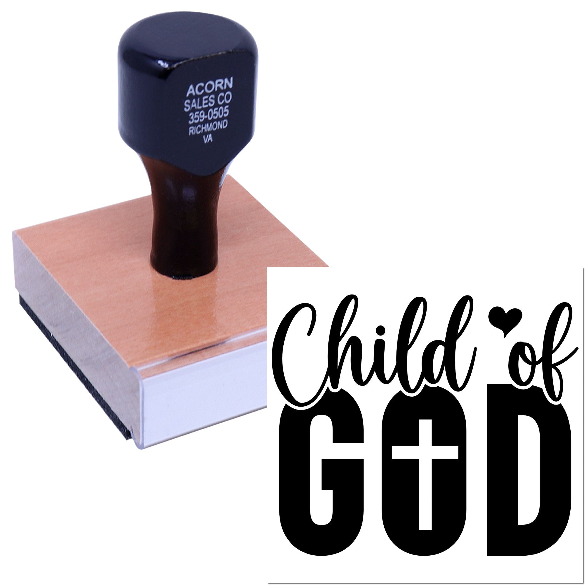 Custom rubber stamp with Child of God text for Christian crafts, cards, and packaging.