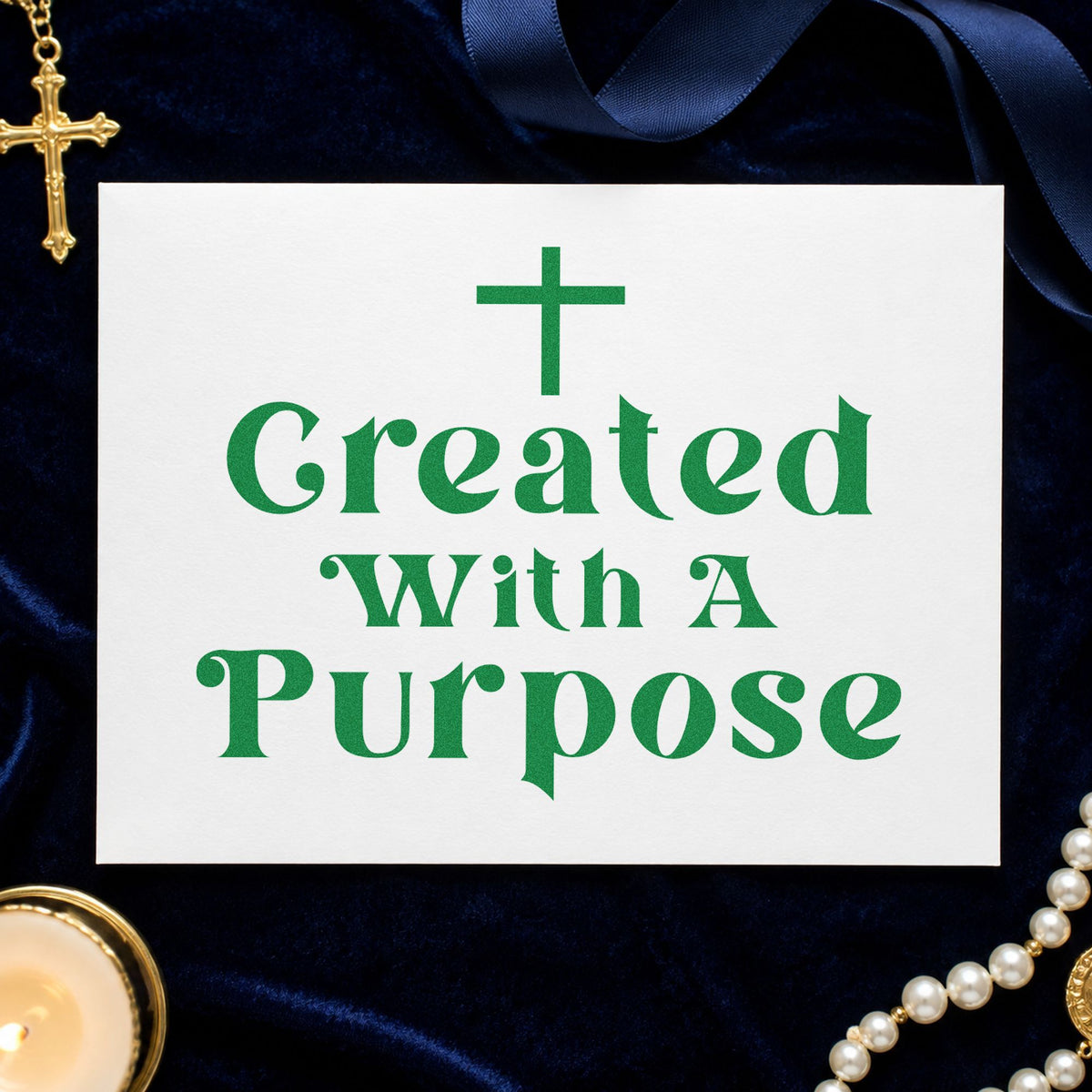 Created with a Purpose craft stamp imprint in green ink on a handmade project, one idea being counseling office decor.