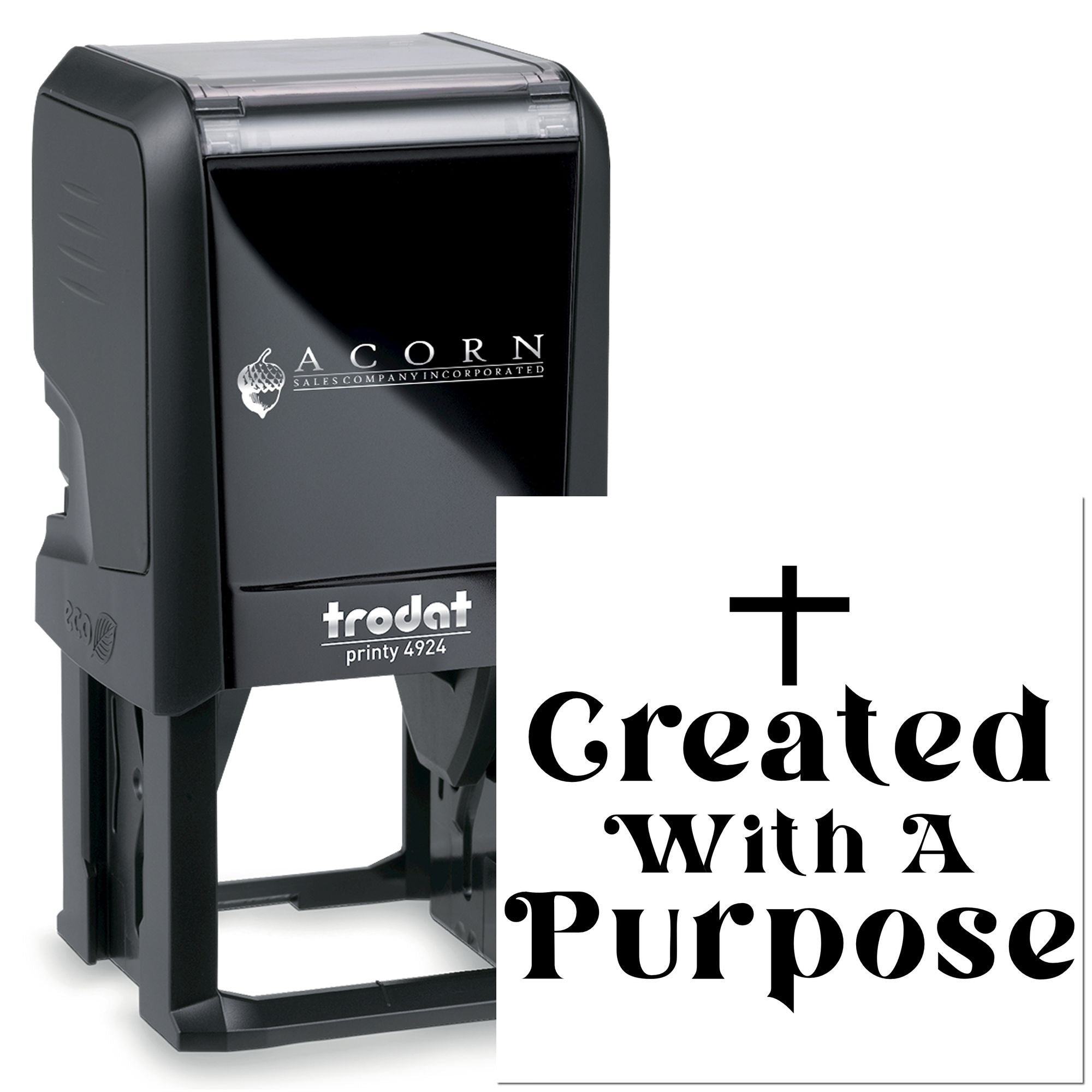 Trodat self-inking rubber stamp featuring Created With A Purpose imprint for custom business branding.