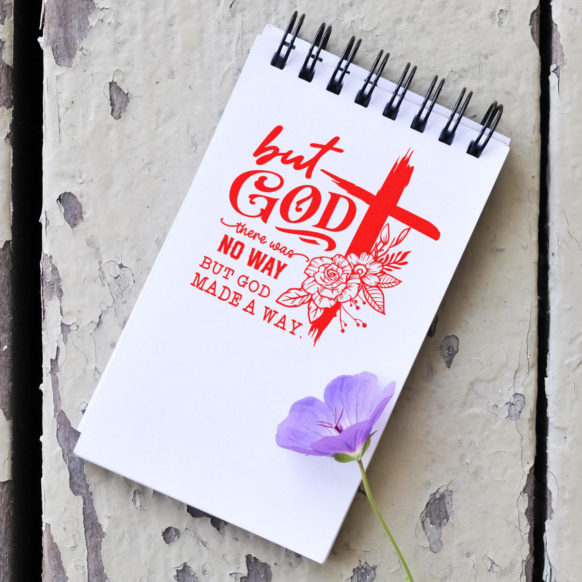 Christian rubber stamp design with red But God made a way quote, cross, and floral accents for faith crafts.