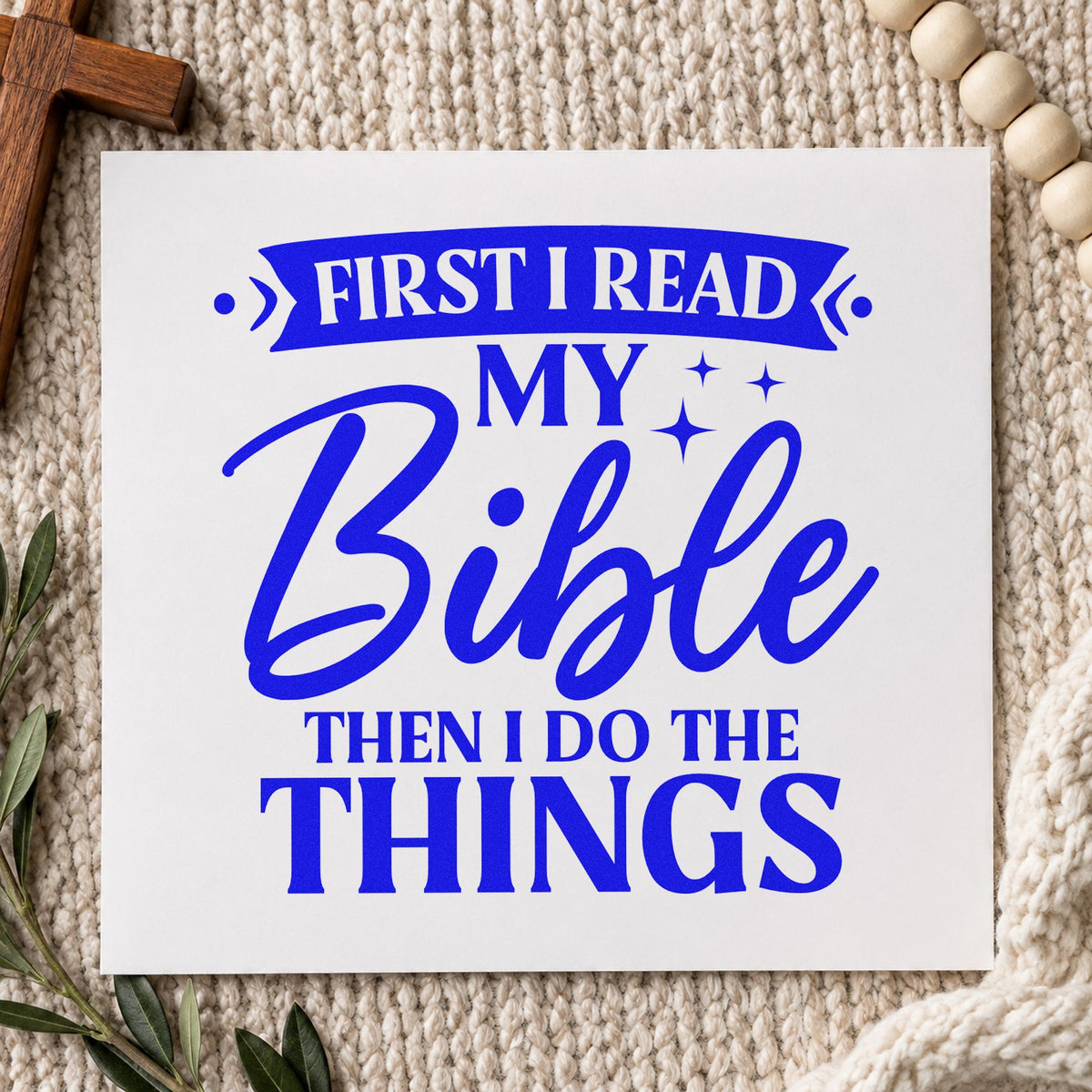 First I Read My Bible craft stamp in blue ink on cardstock, an easy option for bible cover crafts.