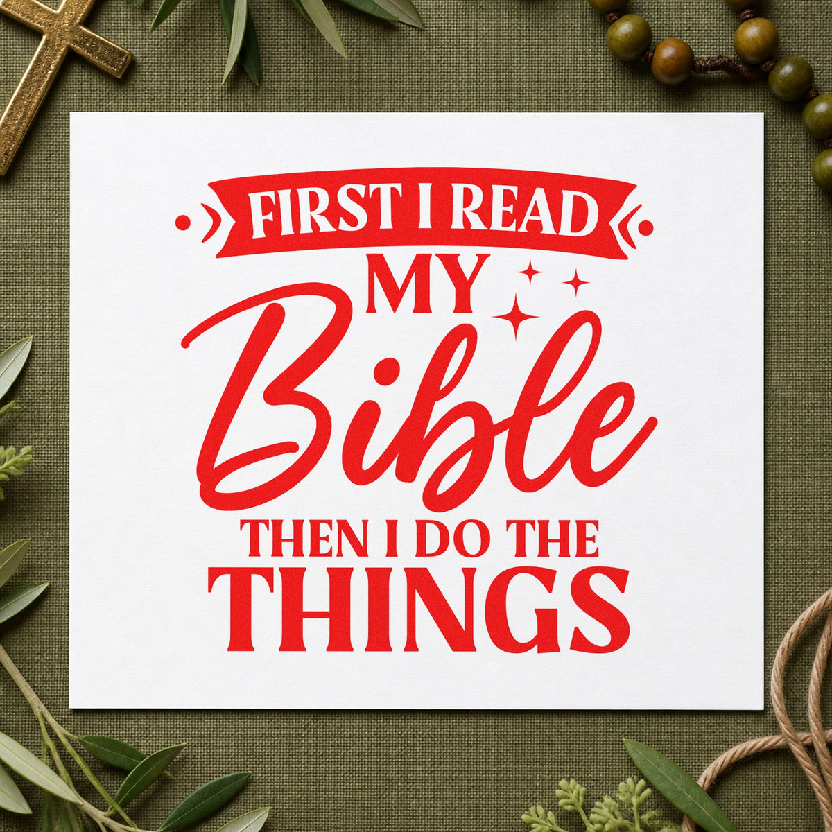 First I Read My Bible rubber stamp shown in red ink, stamped for projects such as kitchen fridge magnets.
