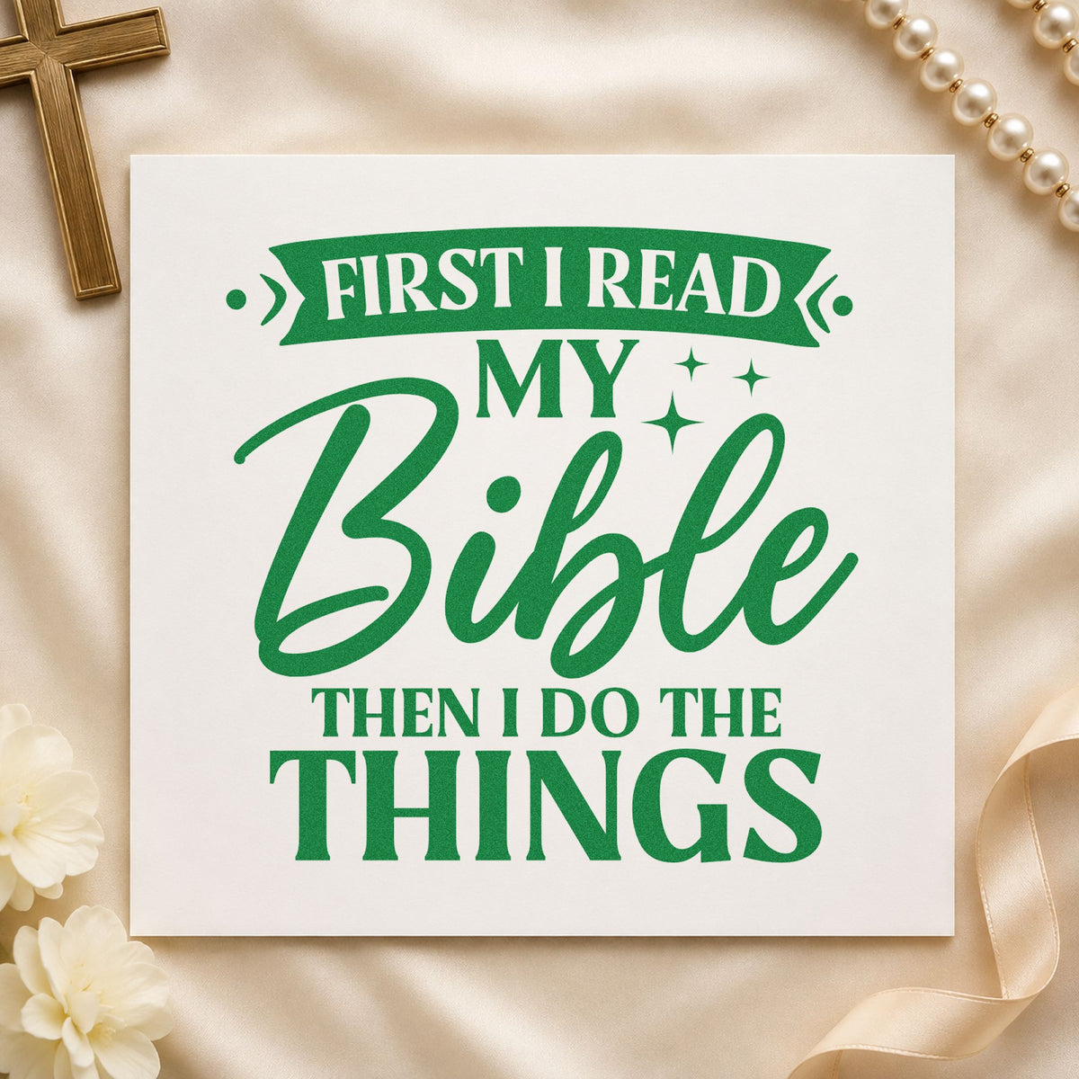First I Read My Bible craft stamp imprint in green ink on a handmade project, one idea being teacher gift tags.