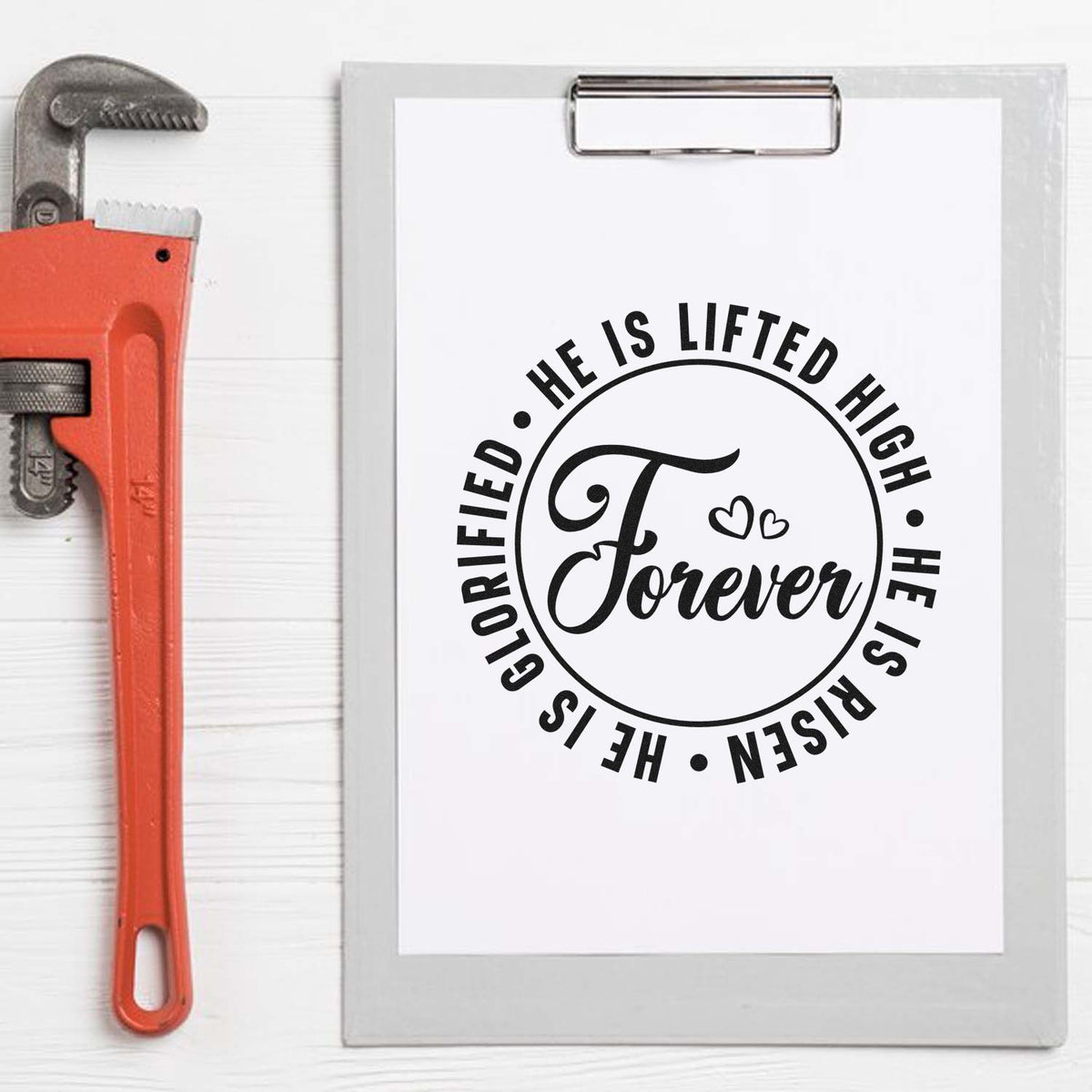 Christian rubber stamp design with He Is Risen Forever faith message, perfect for Easter crafts and religious projects.