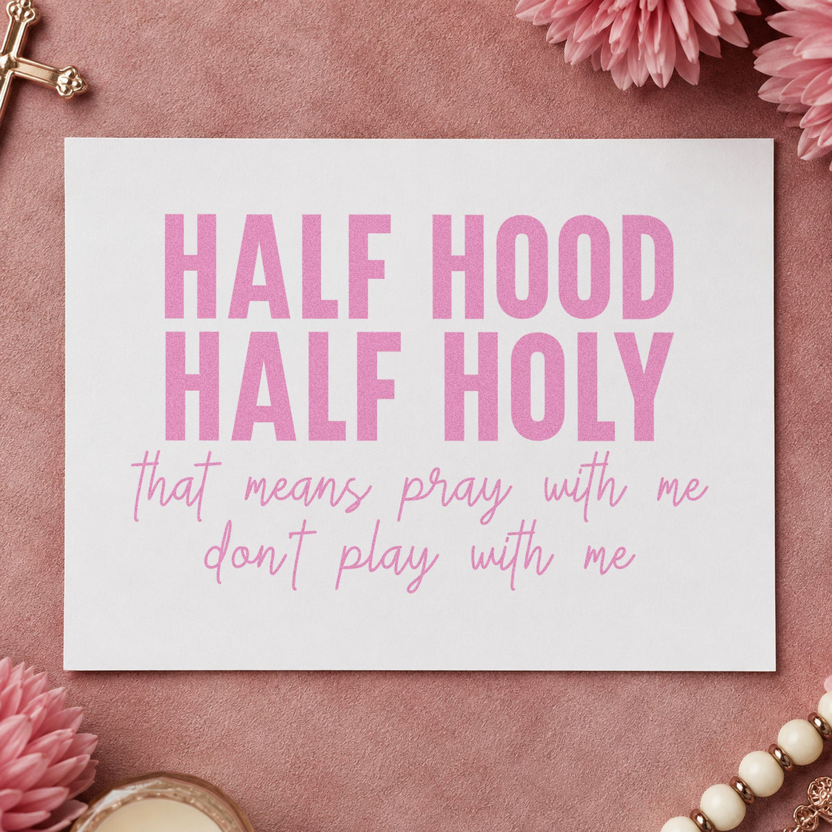Half Hood Half Holy craft stamp in purple ink on cardstock, an easy option for birthday gift tags.