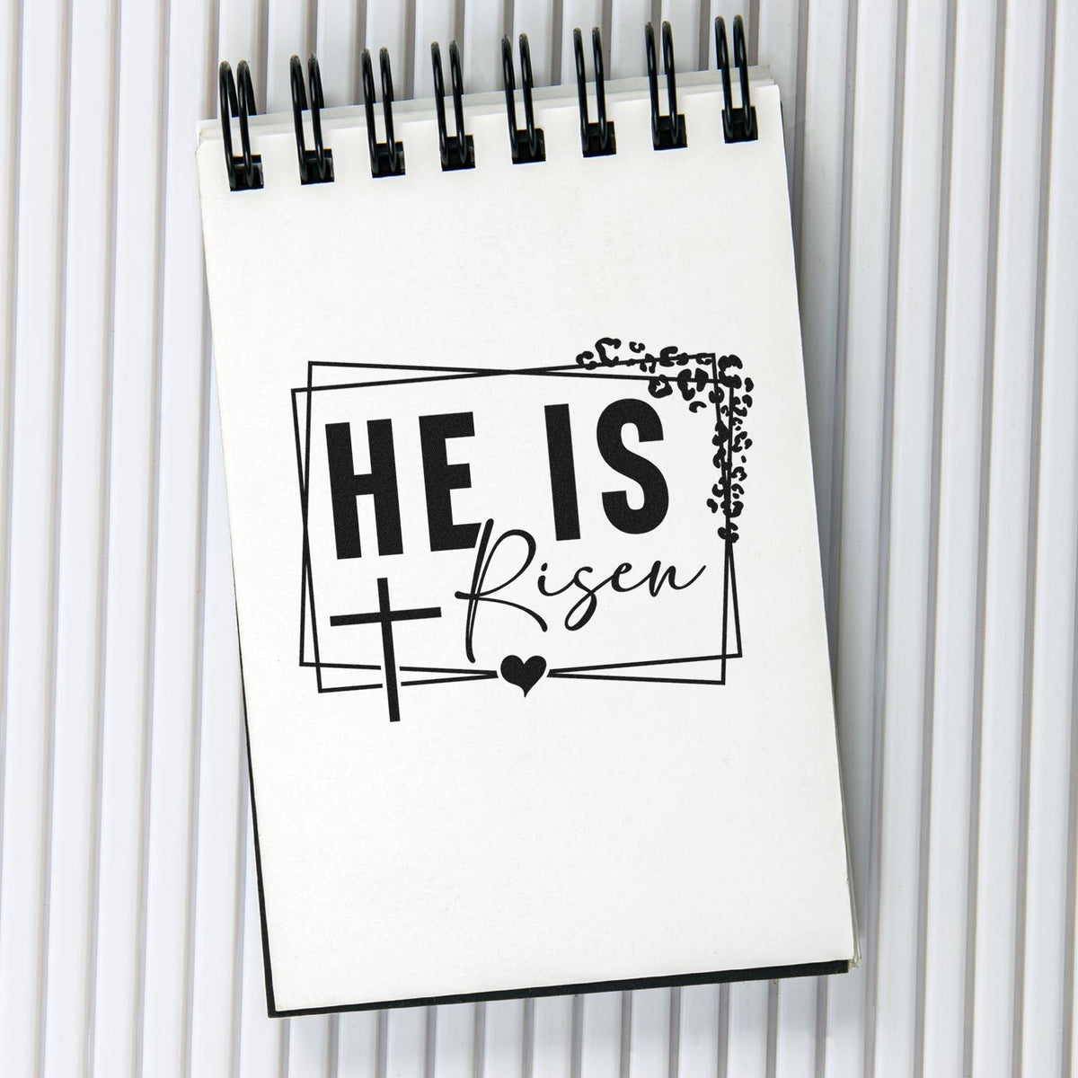 He Is Risen Easter Christian rubber stamp design with cross and heart on spiral notebook
