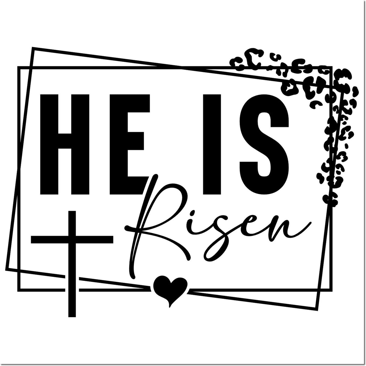 He Is Risen Christian Easter rubber stamp with cross and heart for faith-based cards, church crafts, and holiday projects.