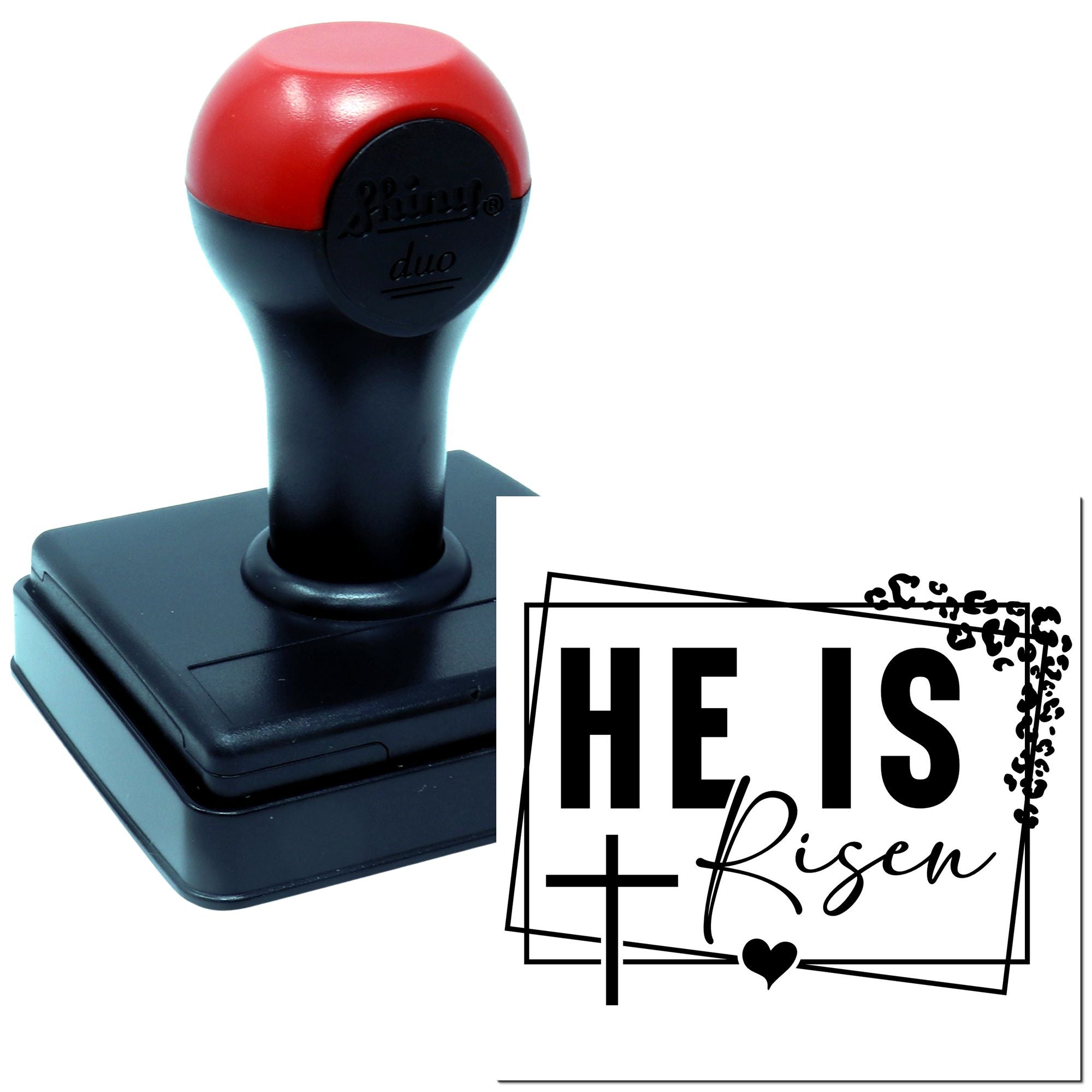 Custom self-inking rubber stamp with He Is Risen Christian Easter design and cross for cards, crafts, and church use.