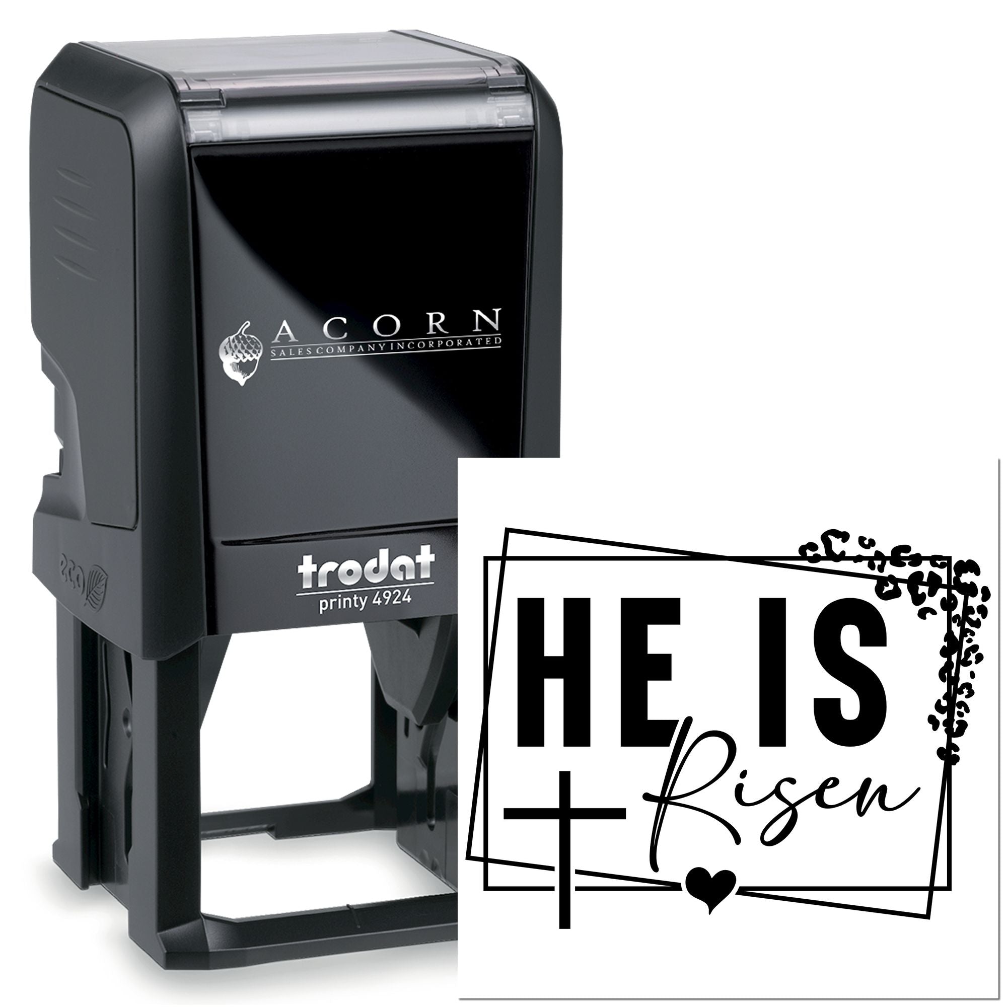 Custom self-inking Trodat Printy rubber stamp with He Is Risen design for Christian Easter cards and church use.