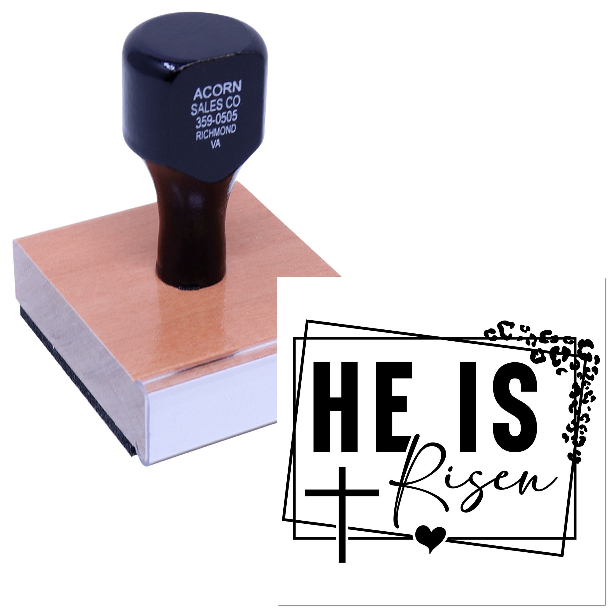 Custom religious rubber stamp with He Is Risen cross design, ideal for Easter cards and church crafts.