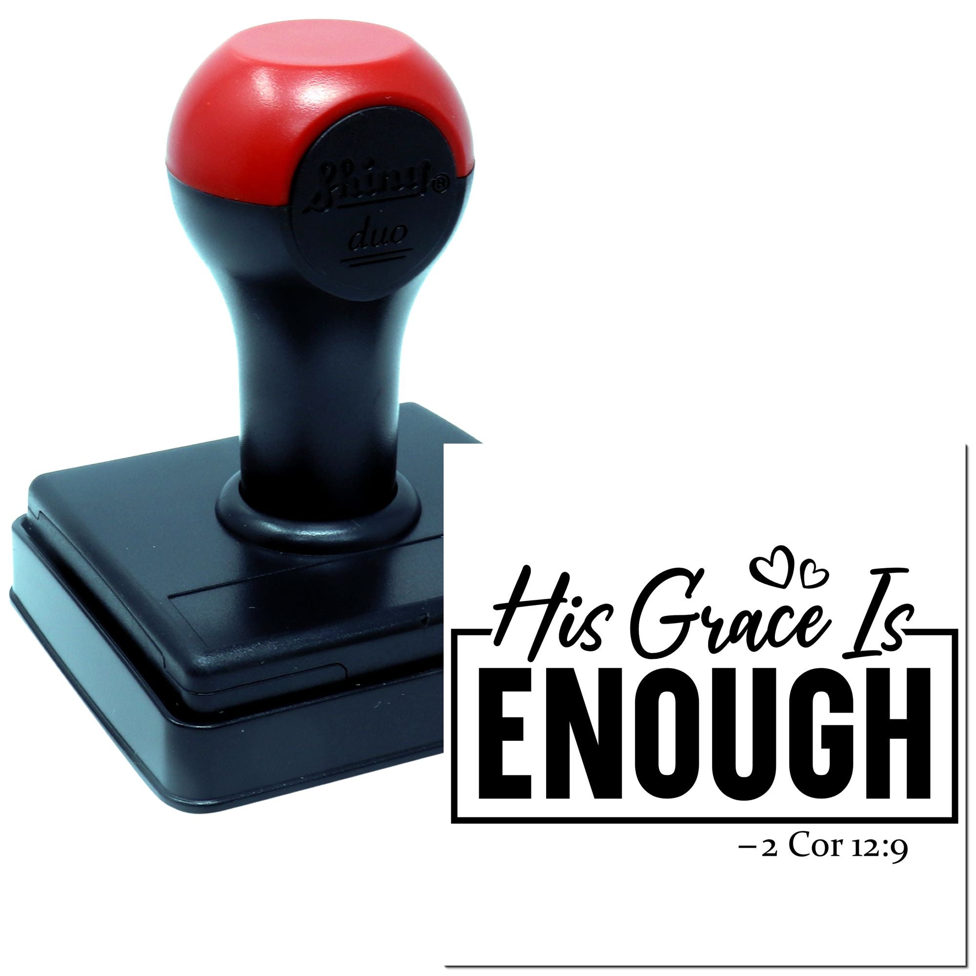 Christian self-inking rubber stamp with His Grace Is Enough design and Bible verse 2 Corinthians 12:9.