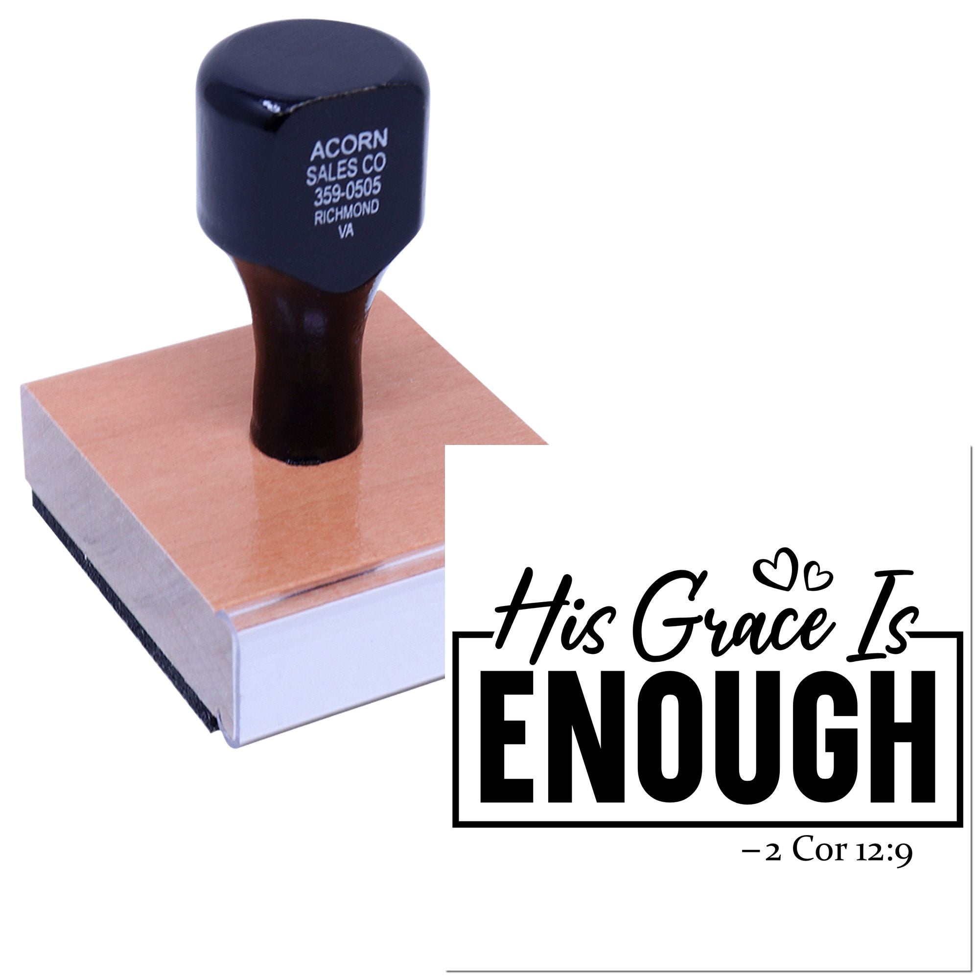 Custom Christian rubber stamp with His Grace Is Enough and 2 Corinthians 12:9 verse for faith-based cards and crafts.