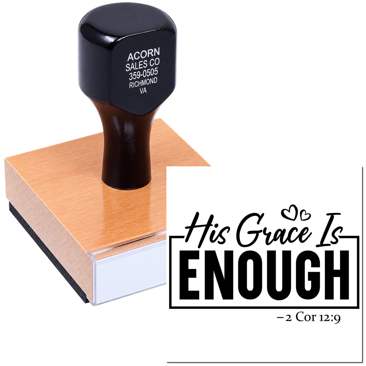 Custom Christian rubber stamp with His Grace Is Enough and 2 Corinthians 12:9 verse for faith-based cards and crafts.