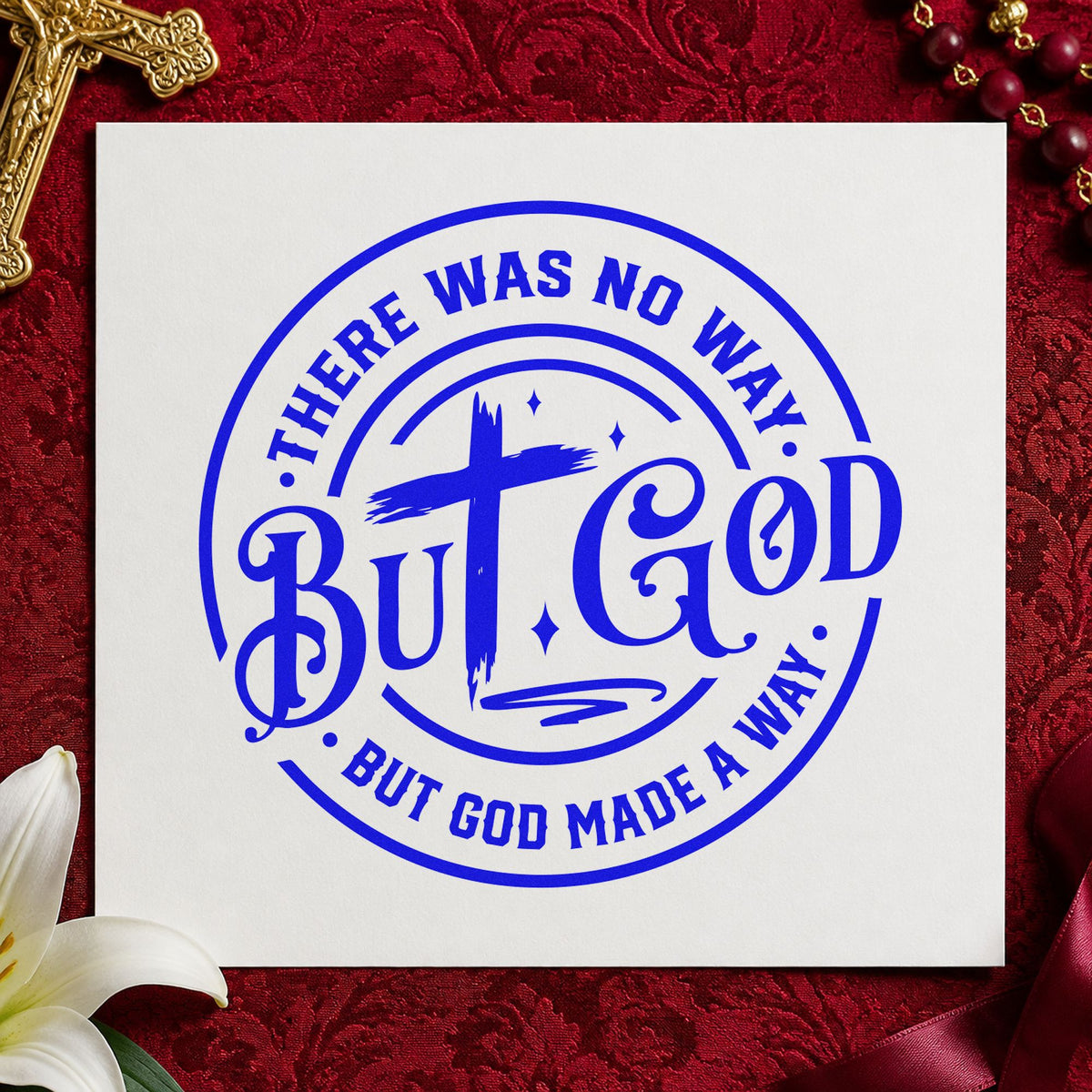 But God Circular Cross craft stamp imprinted in blue ink on paper, a design suited to planner answer dates.