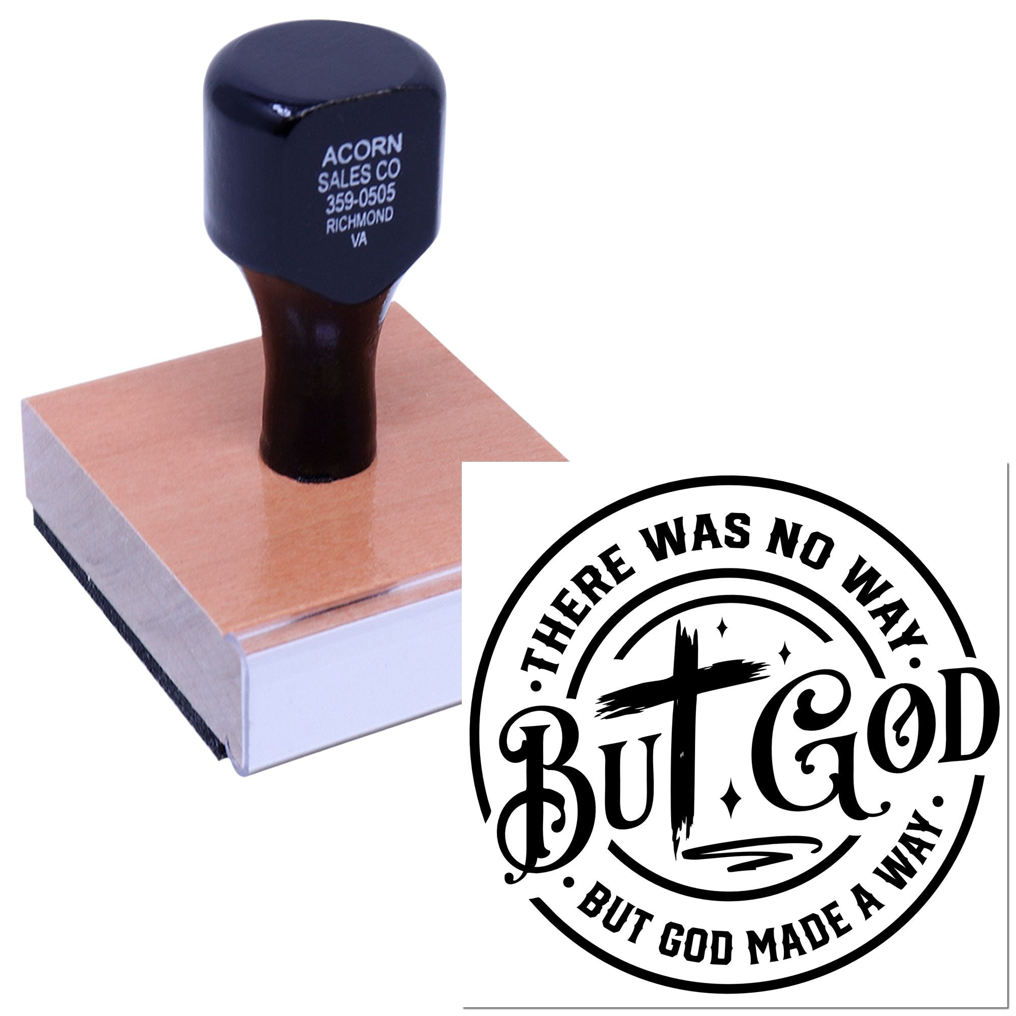Custom Christian rubber stamp with But God design and wood-block imprint