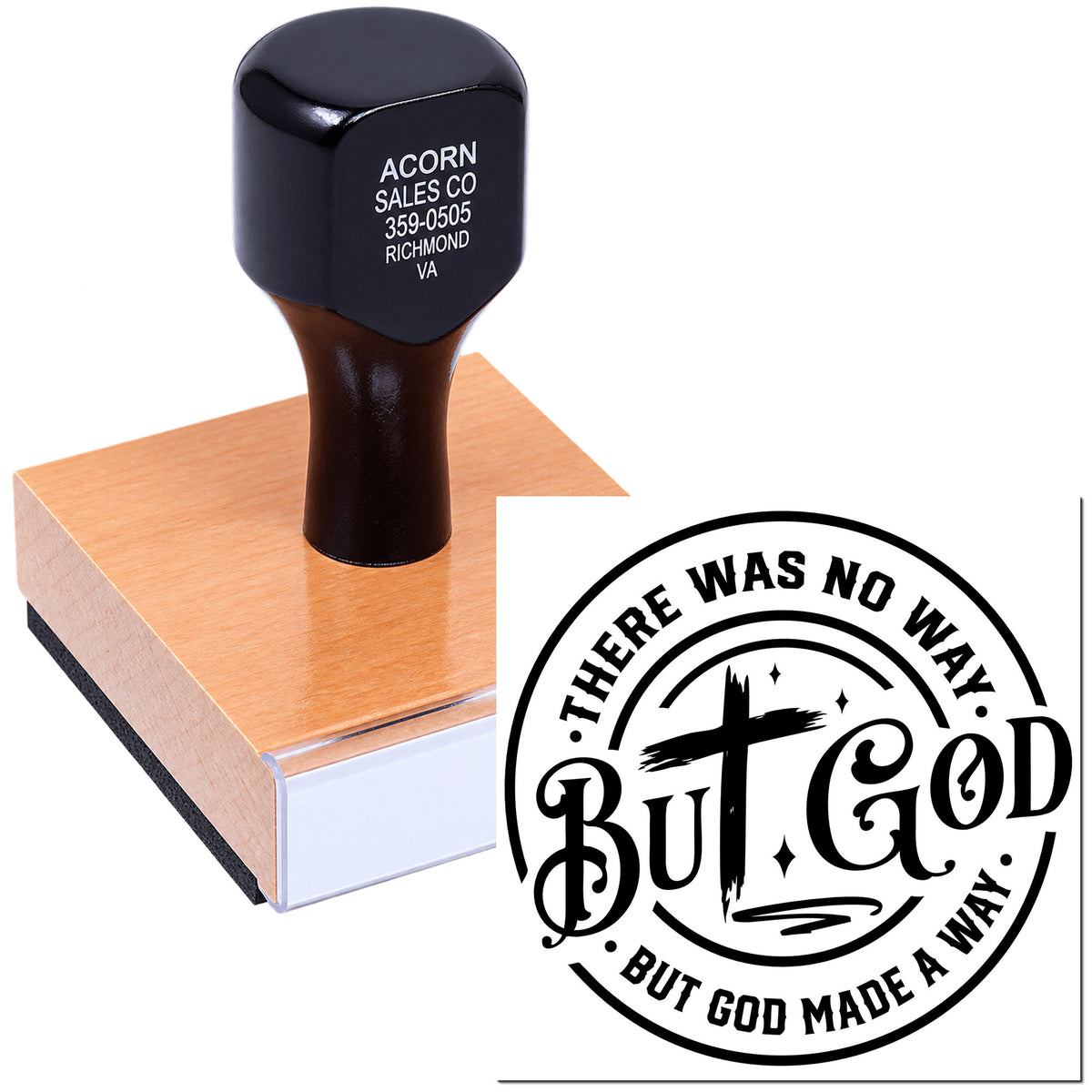 Custom Christian rubber stamp with But God design and wood-block imprint
