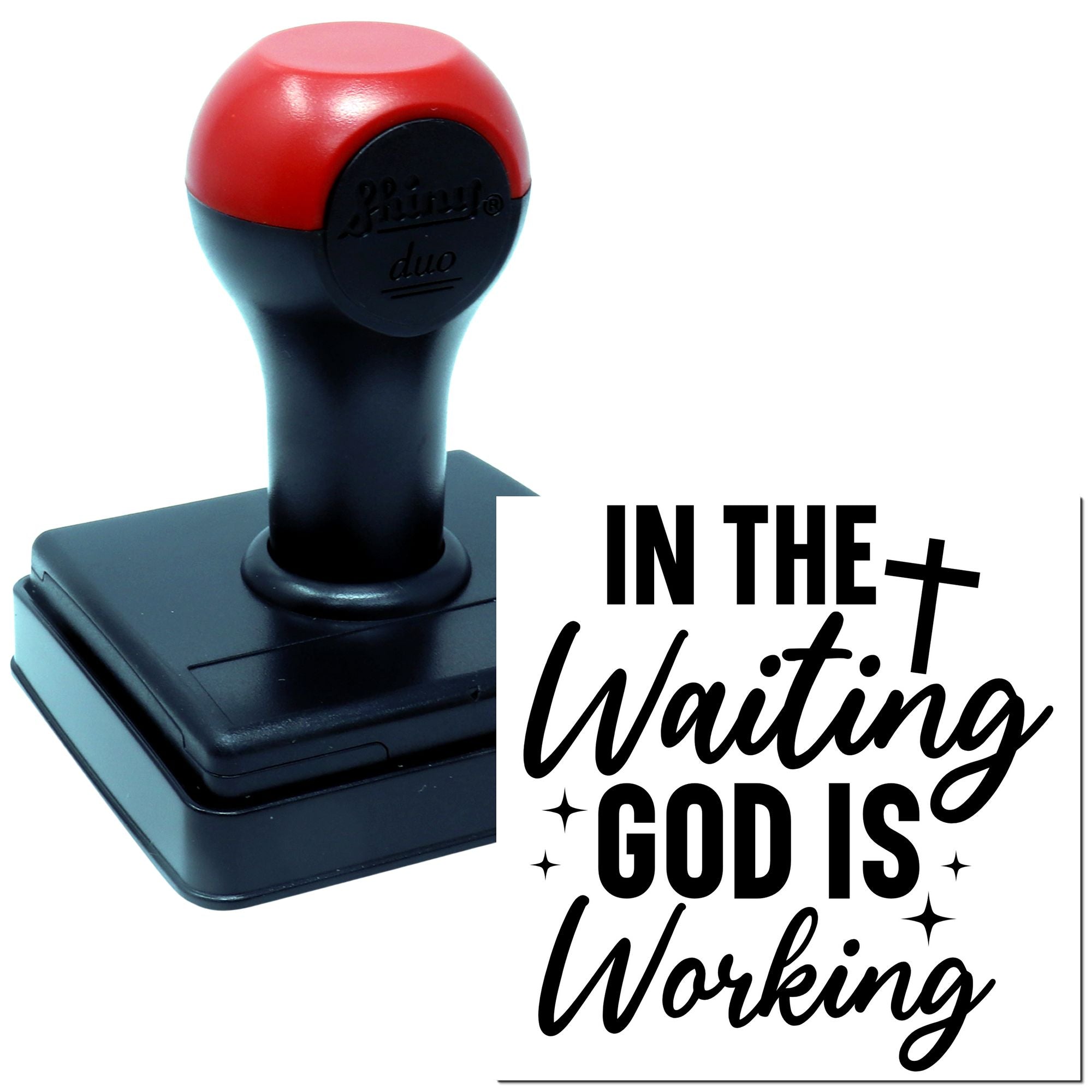 Self-inking Christian rubber stamp with In the waiting, God is working message for faith-based encouragement.