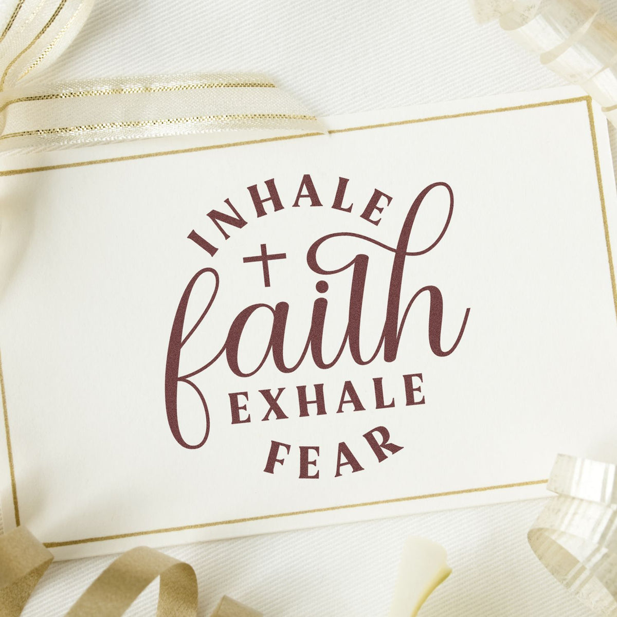 Inspirational rubber stamp design reading Inhale faith, exhale fear for faith-based stationery and crafts.